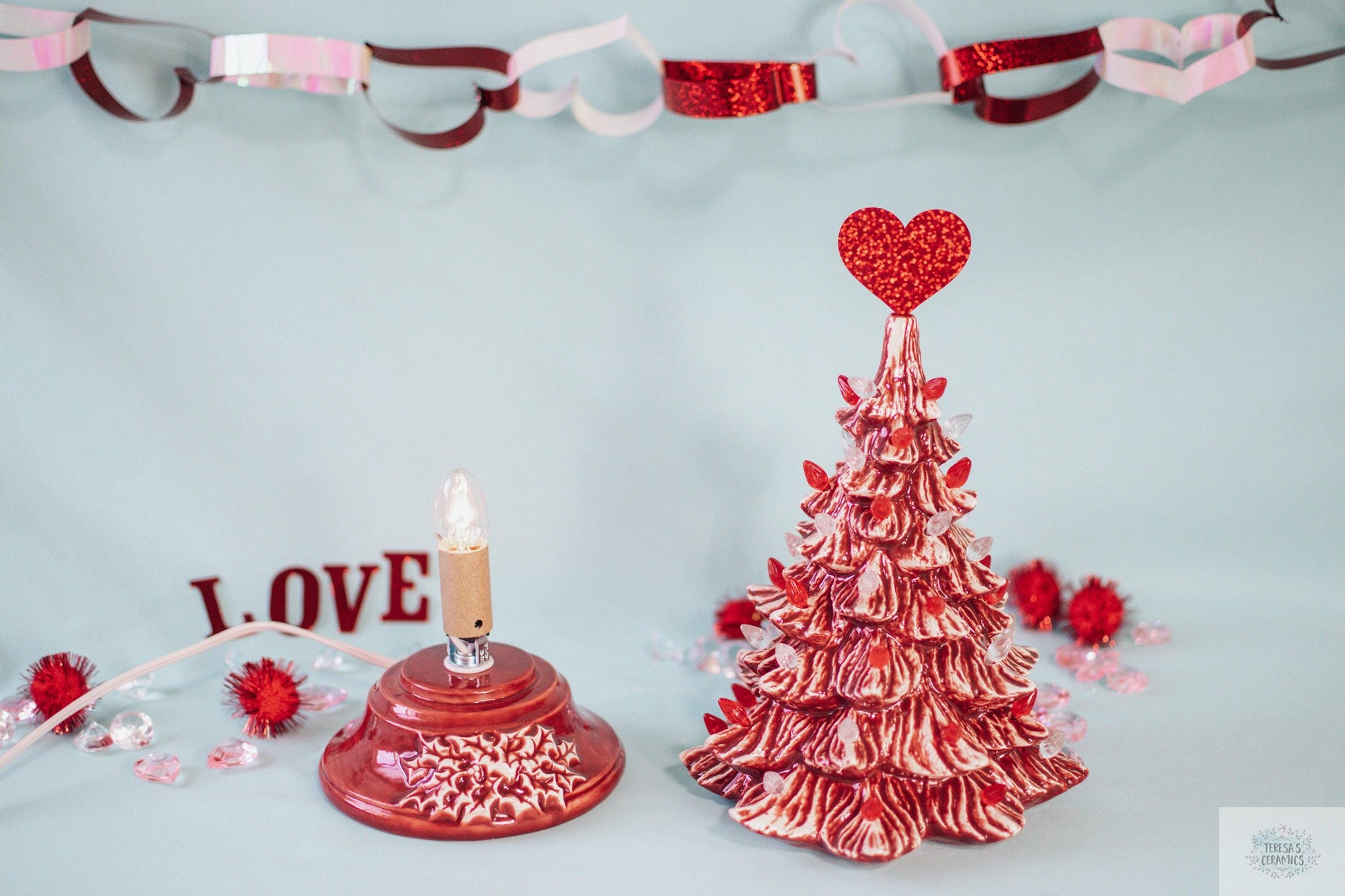 Valentine Tree | Ceramic Tree Light | Red Striped Tree - Teresa's Ceramics