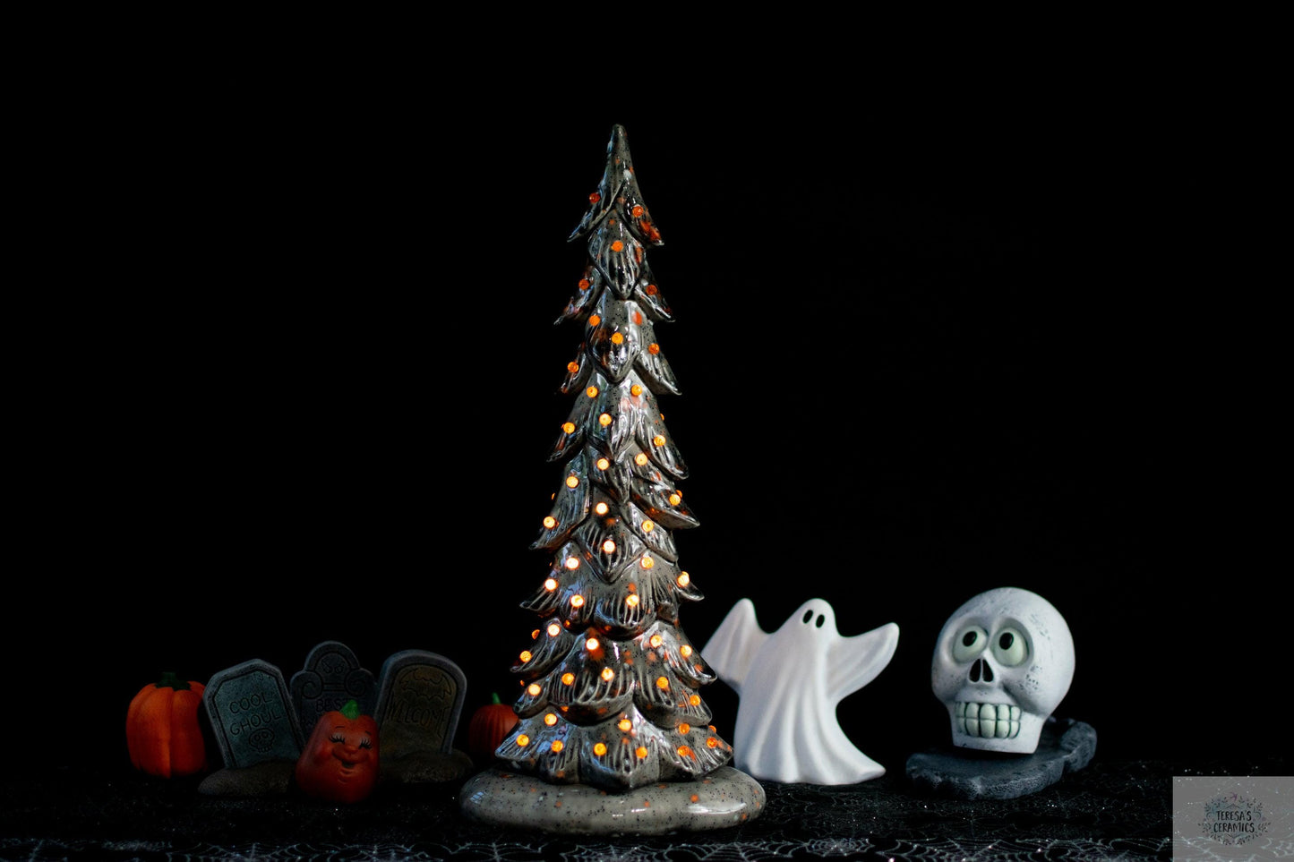 Harvest Ceramic Tree | Fall Night Light | Glazed Gray Wispy Pine | Halloween Tree Light - Teresa's Ceramics