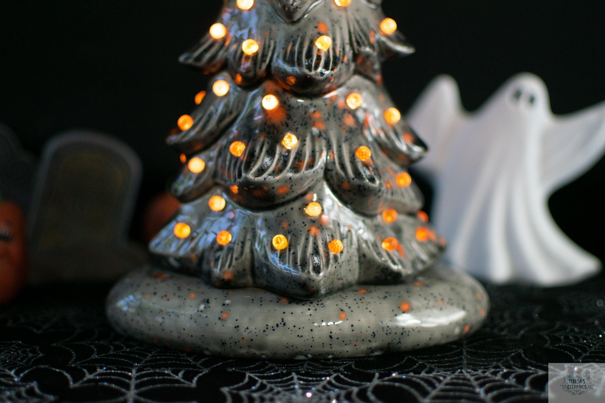 Harvest Ceramic Tree | Fall Night Light | Glazed Gray Wispy Pine | Halloween Tree Light - Teresa's Ceramics