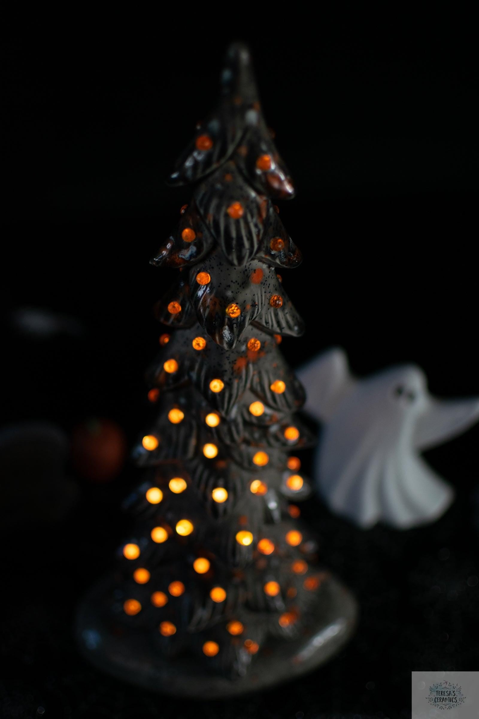 Harvest Ceramic Tree | Fall Night Light | Glazed Gray Wispy Pine | Halloween Tree Light - Teresa's Ceramics