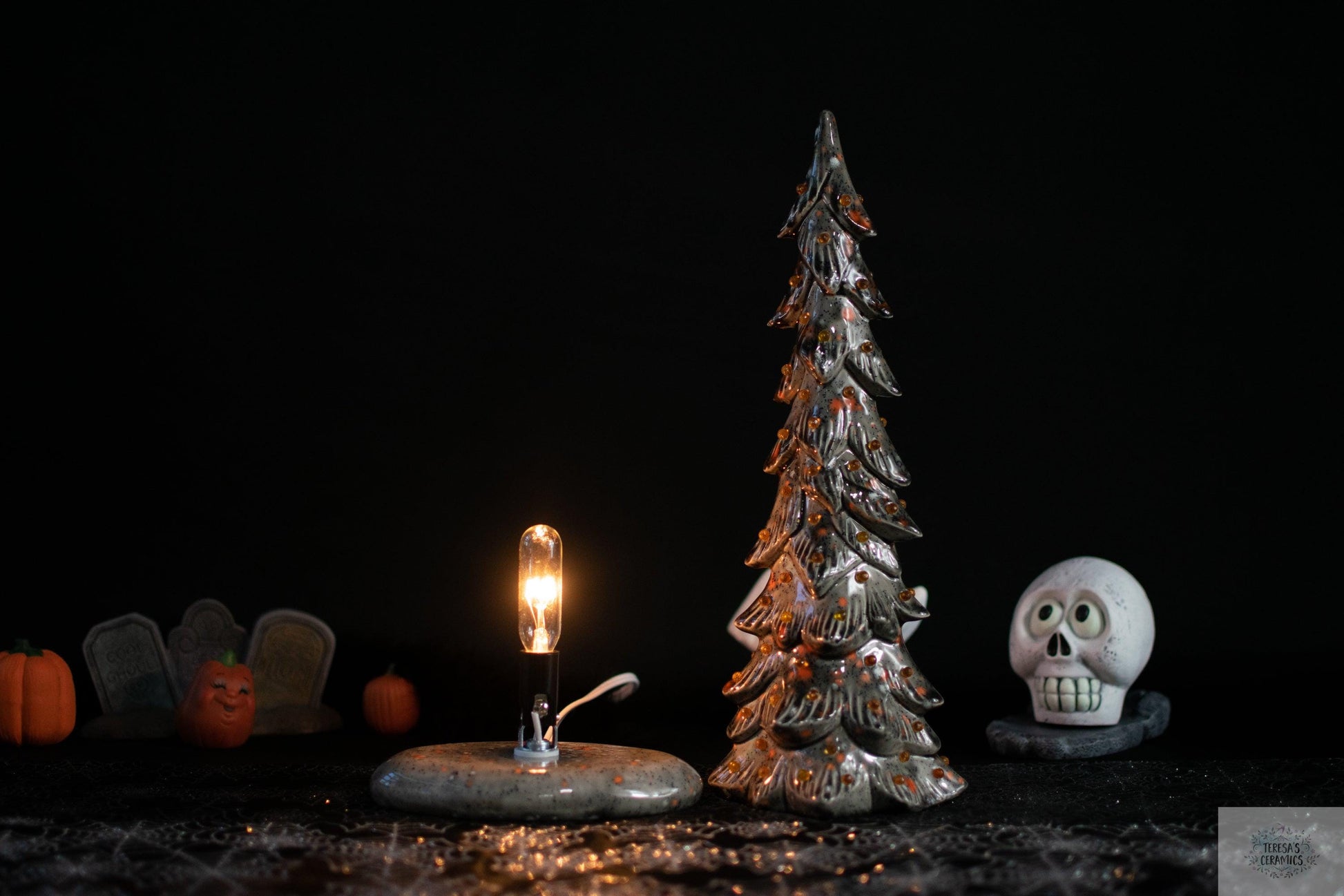 Harvest Ceramic Tree | Fall Night Light | Glazed Gray Wispy Pine | Halloween Tree Light - Teresa's Ceramics