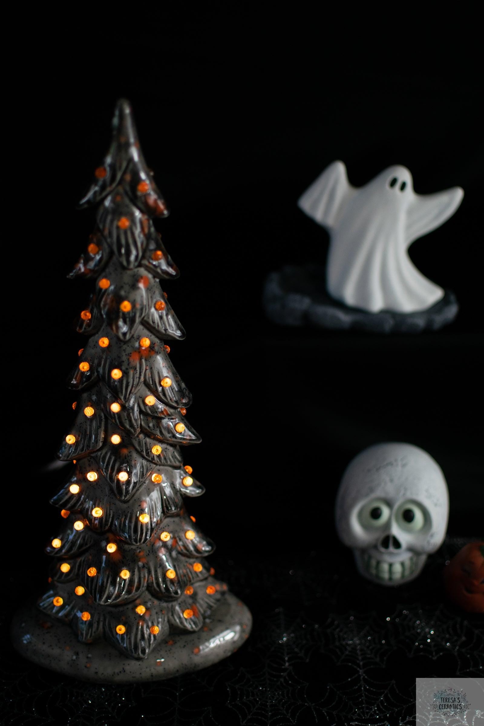 Harvest Ceramic Tree | Fall Night Light | Glazed Gray Wispy Pine | Halloween Tree Light - Teresa's Ceramics