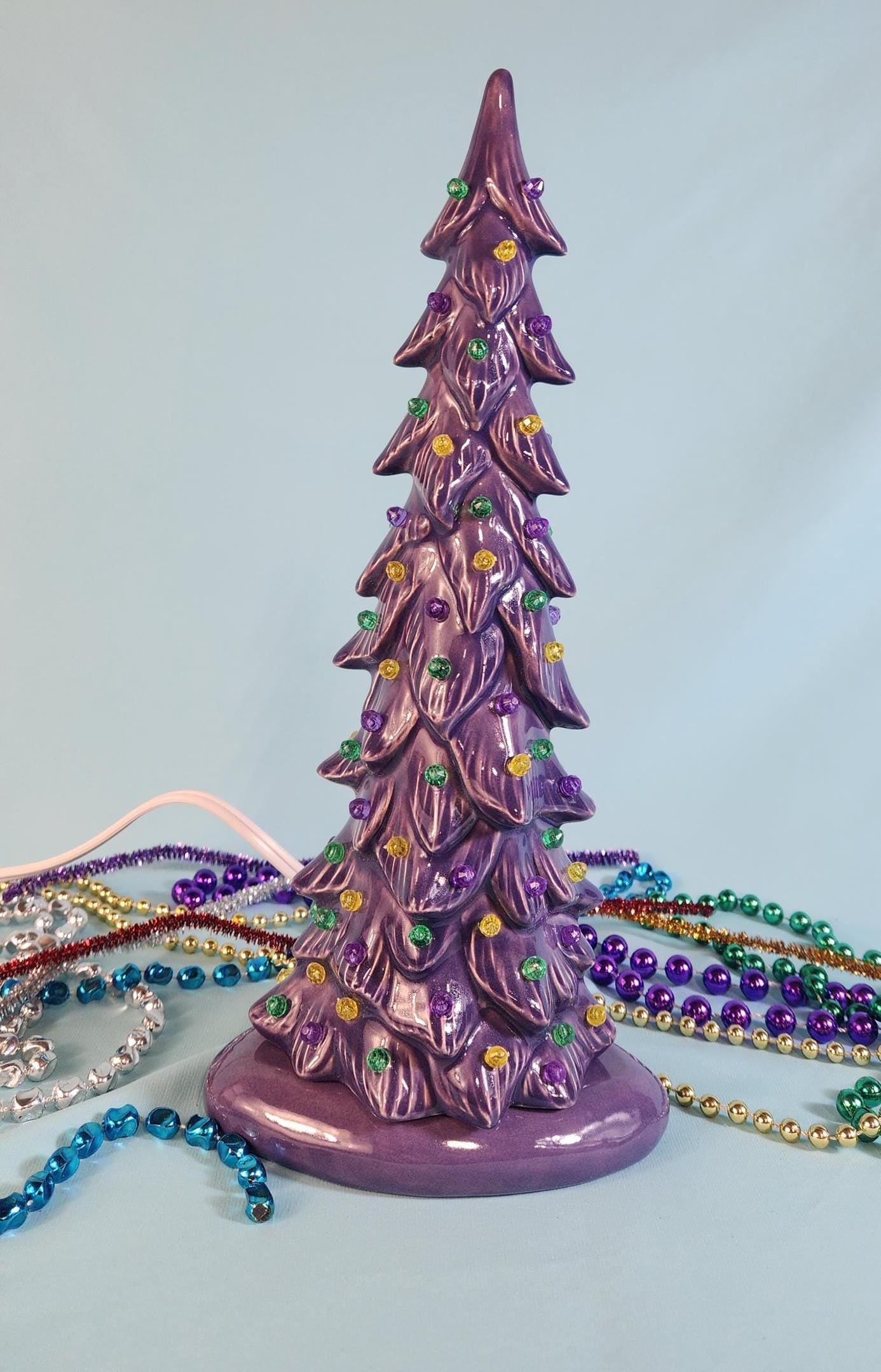 Mardis Gras Themed Ceramic Lighted Tree | Beautiful Wispy Style Pine | 3 Different Sizes - Teresa's Ceramics