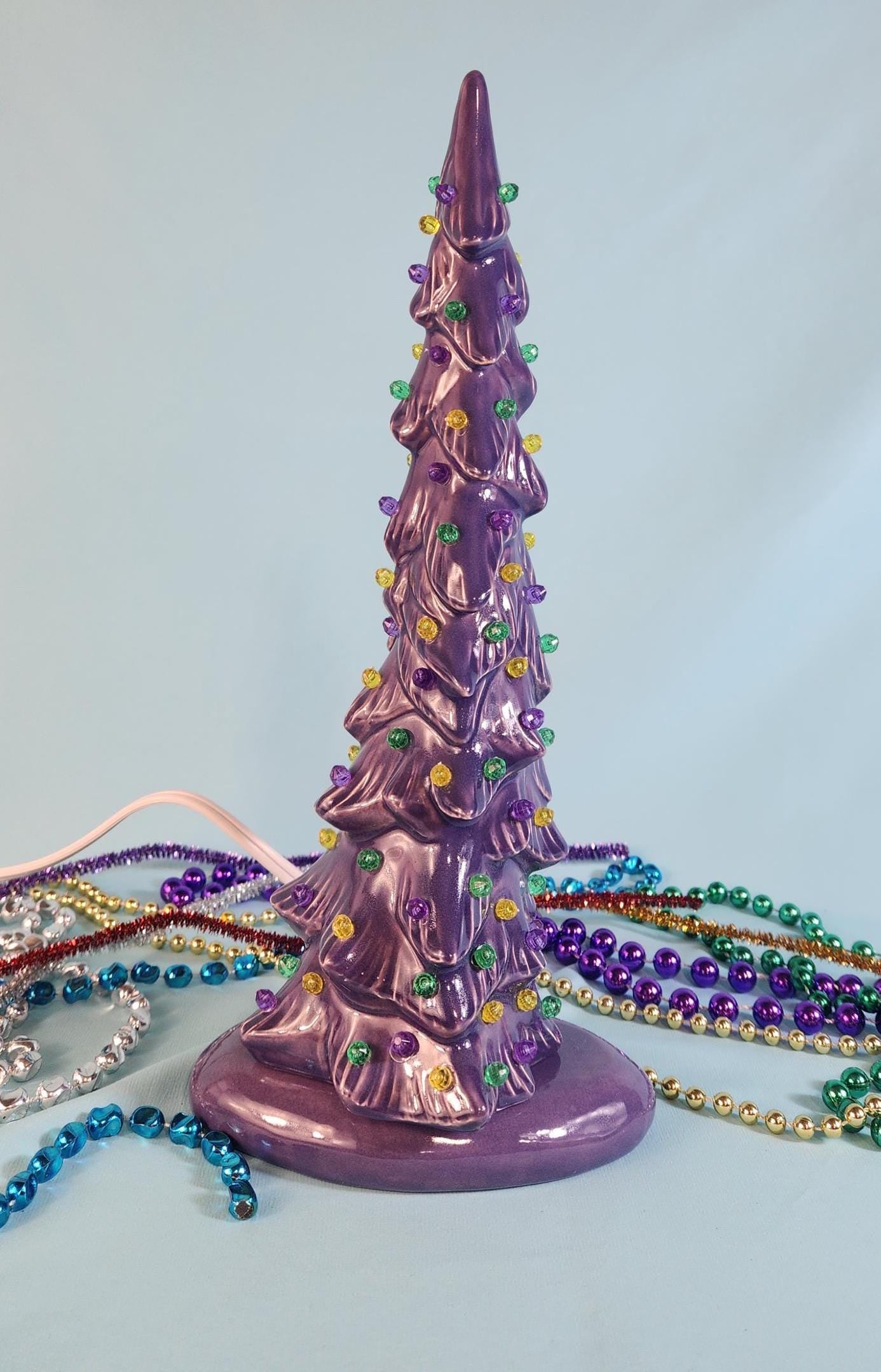 Mardis Gras Themed Ceramic Lighted Tree | Beautiful Wispy Style Pine | 3 Different Sizes - Teresa's Ceramics