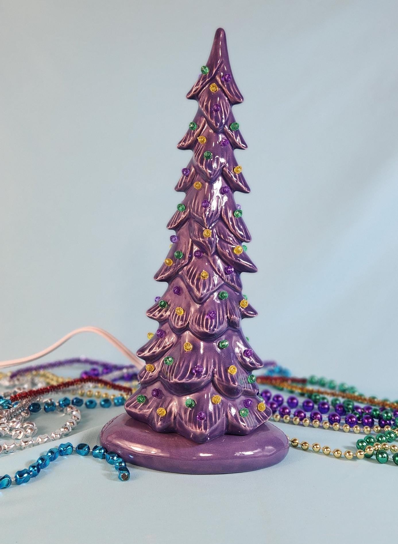 Mardis Gras Themed Ceramic Lighted Tree | Beautiful Wispy Style Pine | 3 Different Sizes - Teresa's Ceramics