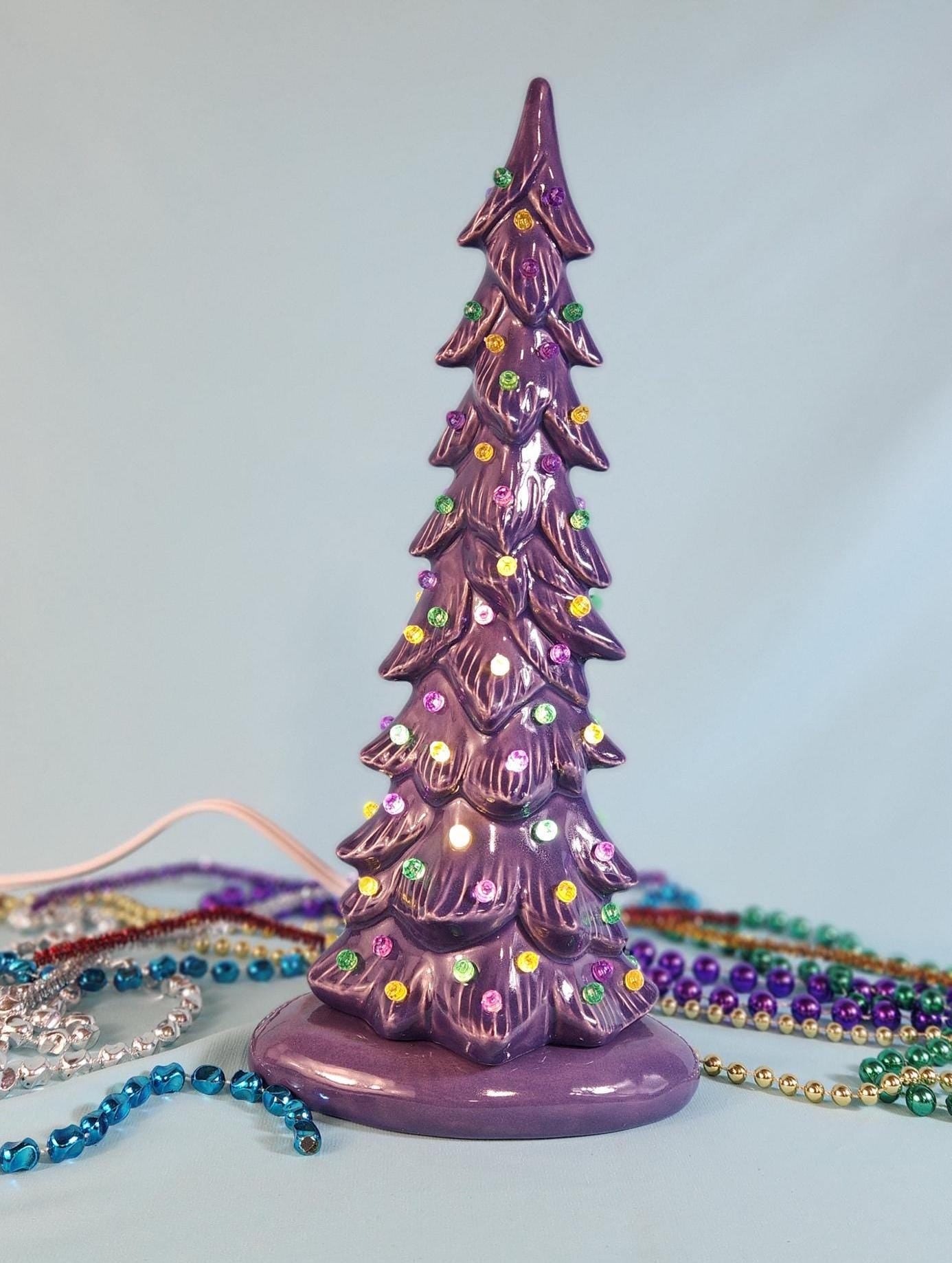Mardis Gras Themed Ceramic Lighted Tree | Beautiful Wispy Style Pine | 3 Different Sizes - Teresa's Ceramics