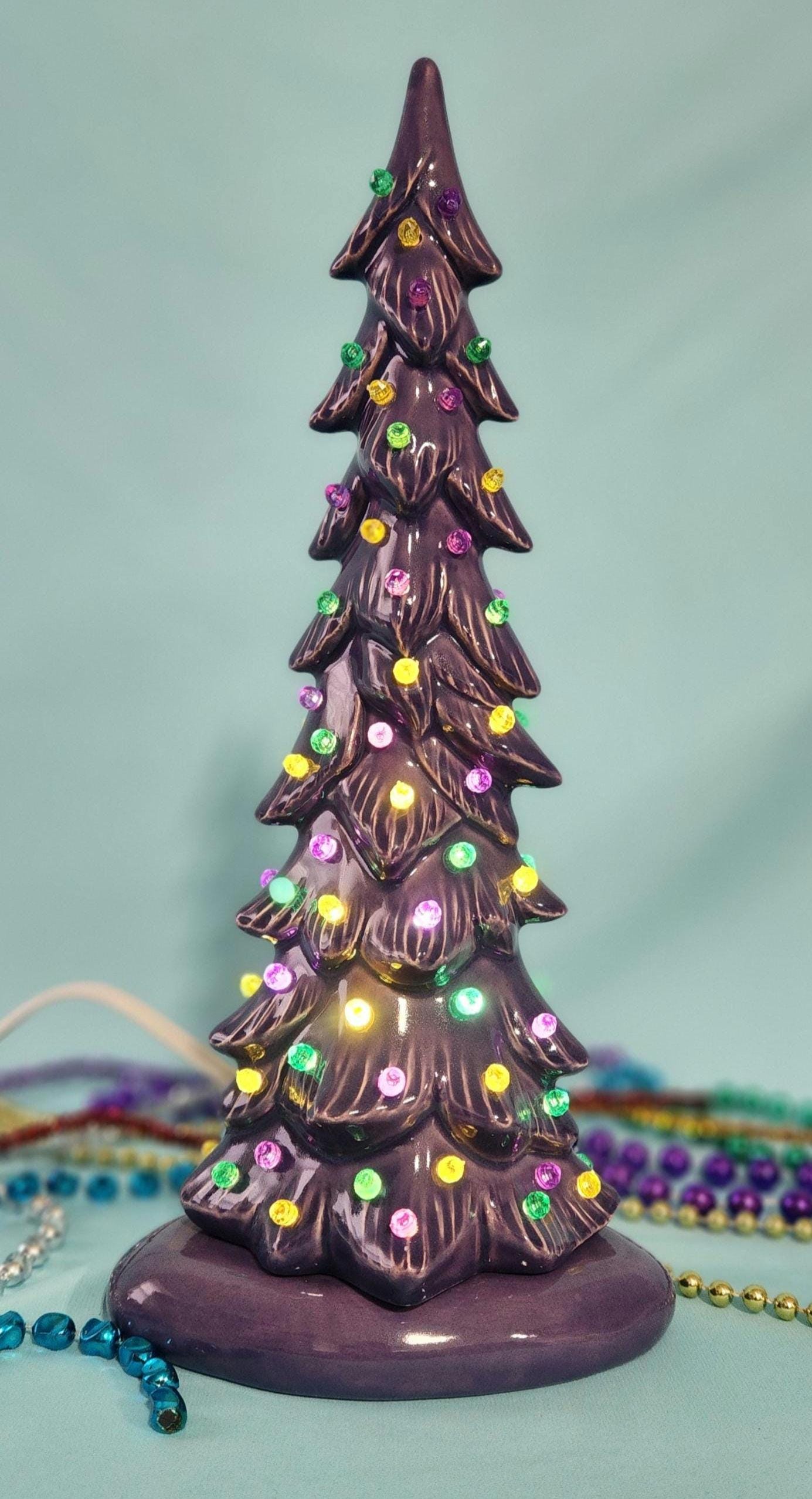 Mardis Gras Themed Ceramic Lighted Tree | Beautiful Wispy Style Pine | 3 Different Sizes - Teresa's Ceramics