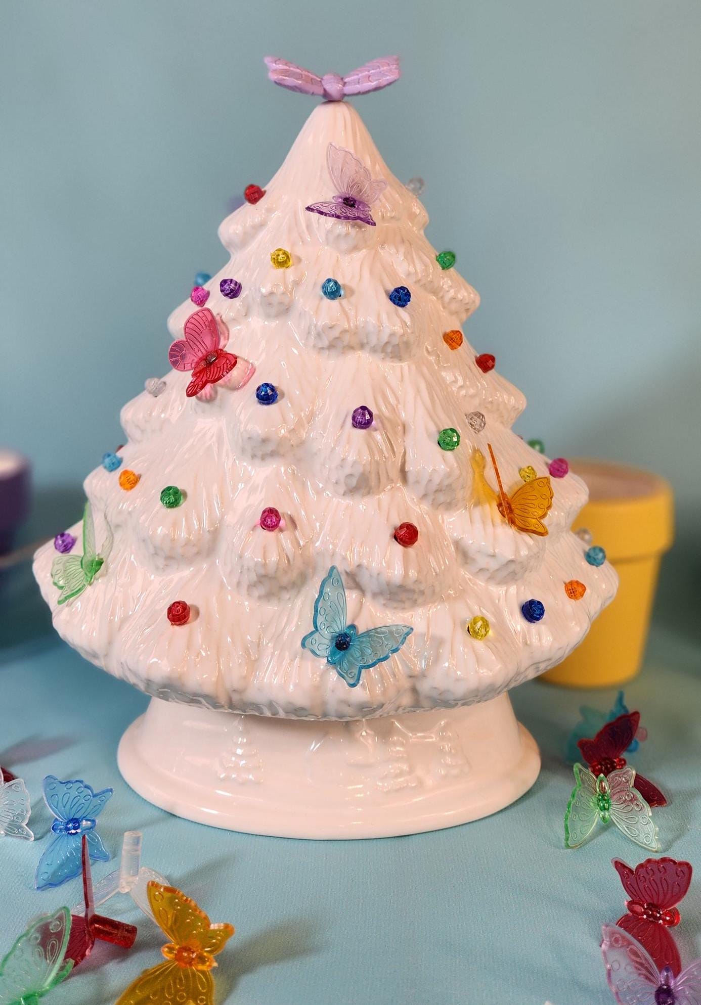 Elegant White Glazed Ceramic Butterfly Tree - Handmade Nightlight for Home Decor