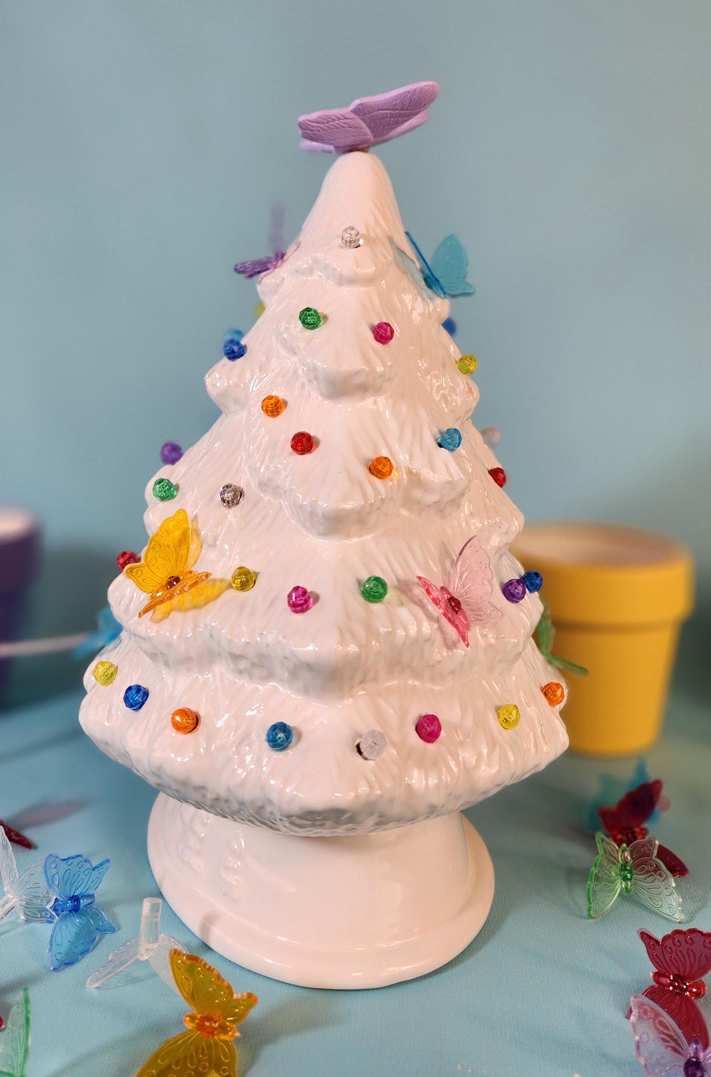 Elegant White Glazed Ceramic Butterfly Tree - Handmade Nightlight for Home Decor