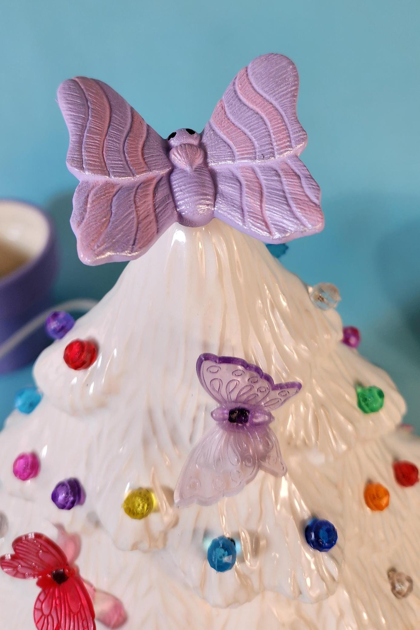 Elegant White Glazed Ceramic Butterfly Tree - Handmade Nightlight for Home Decor
