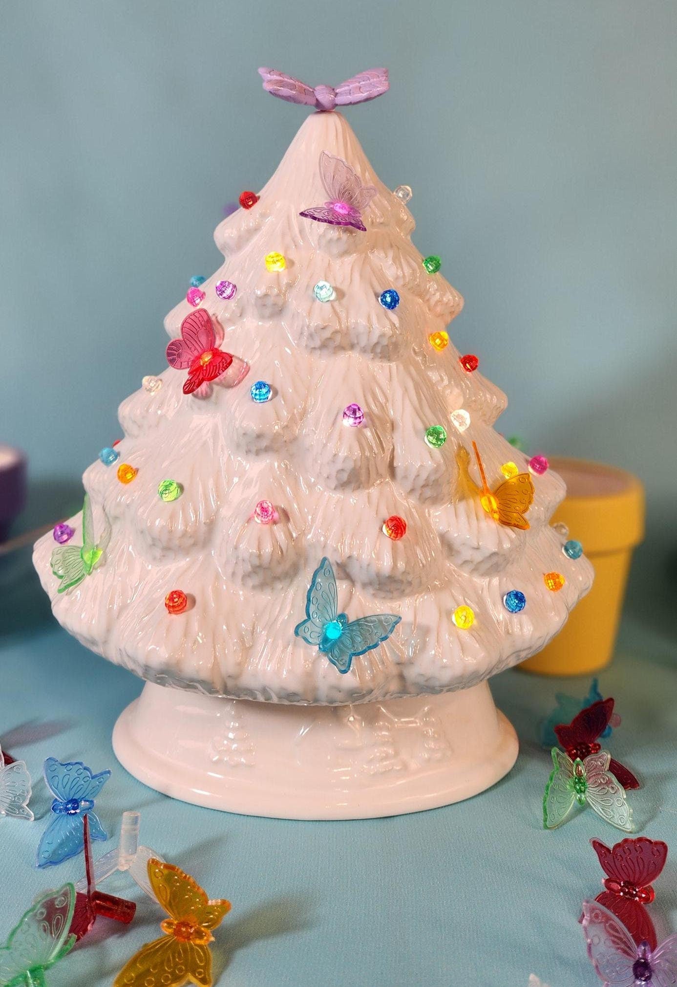 Elegant White Glazed Ceramic Butterfly Tree - Handmade Nightlight for Home Decor