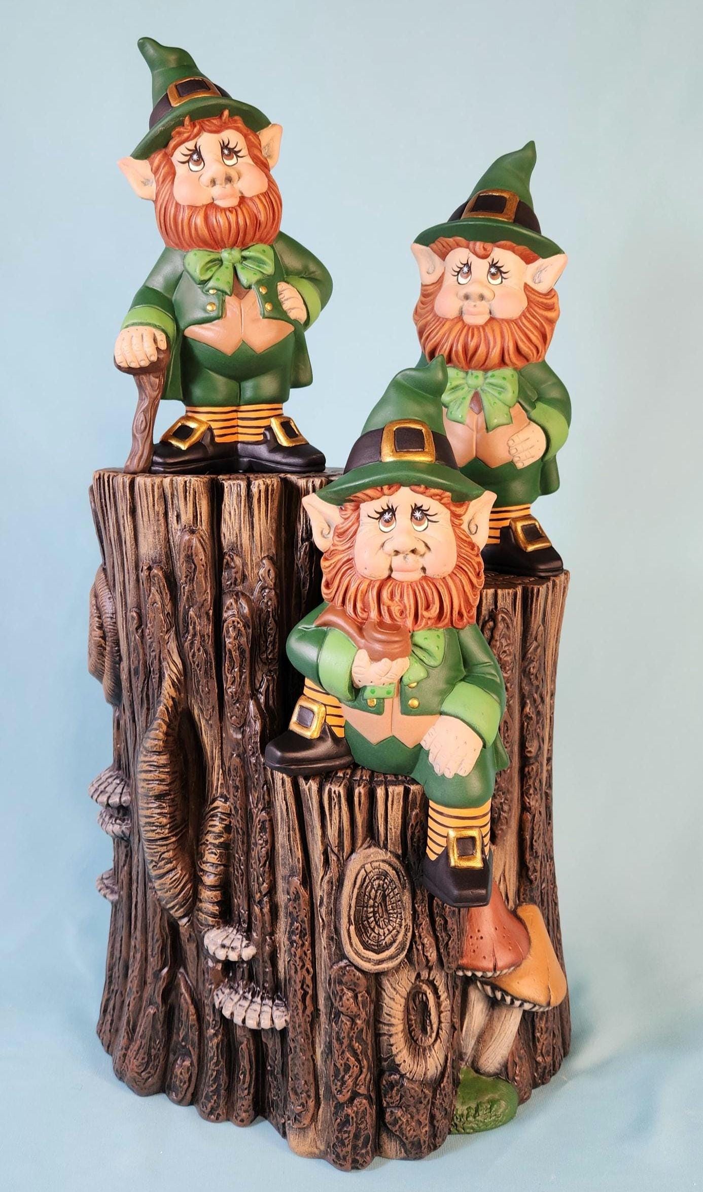 St. Patrick's Day Leprechaun Figurines: Set of 3 Ceramic Irish Folk Statues with Gold Pots