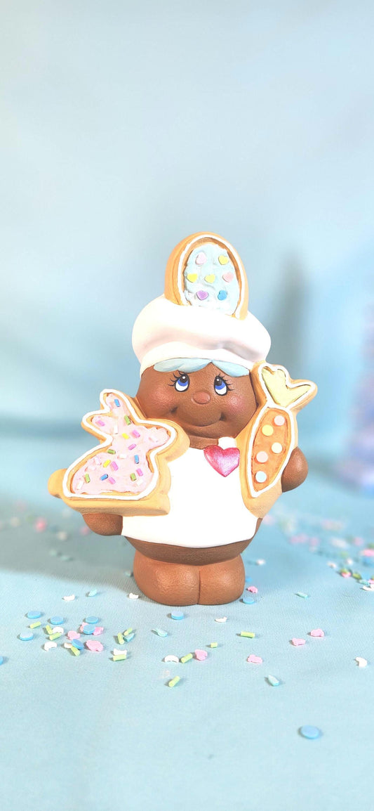 Easter Ceramic Gingerbread Baker Figurine: Festive Cookie Chef with Bunny & Carrot Decoration - Teresa's Ceramics