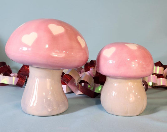 Handcrafted Pink Ceramic Mushroom Sculptures: Heart-Dotted Garden Decor & Whimsical Trippy Art