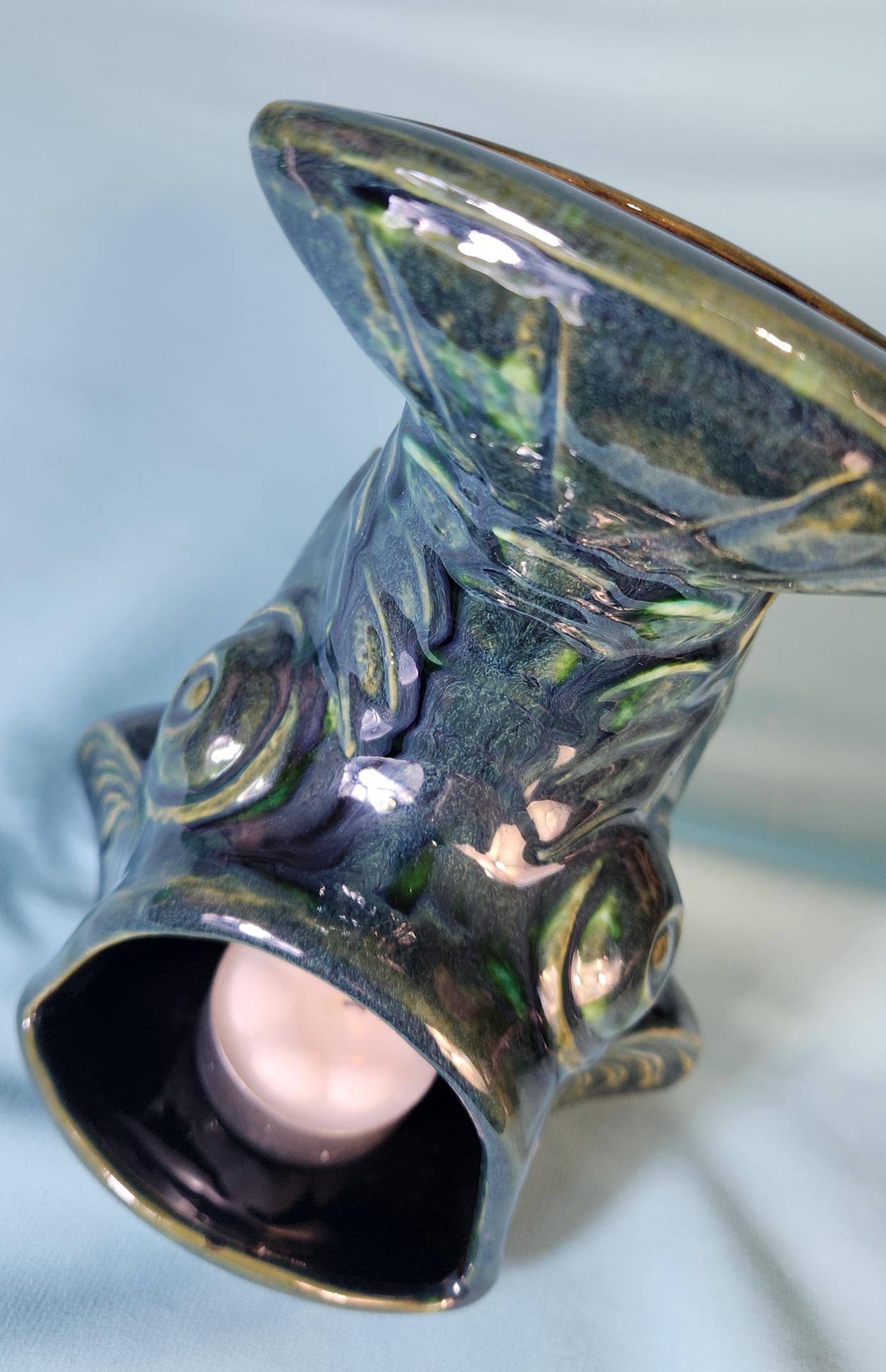 Handcrafted Fish-Shaped Chiminea: Tealight Incense Holder, Illuminated Ceramic Accent 3 Different Colors - Teresa's Ceramics