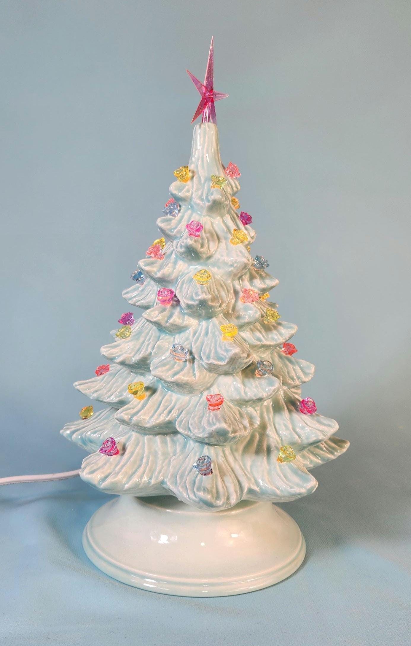 Wispy Pine Ceramic Christmas Tree - Sea-Glass Color with Clear Lights for Holiday Mantel Decor