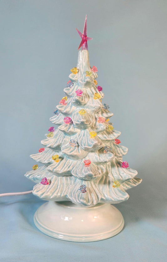 Wispy Pine Ceramic Christmas Tree - Sea-Glass Color with Clear Lights for Holiday Mantel Decor