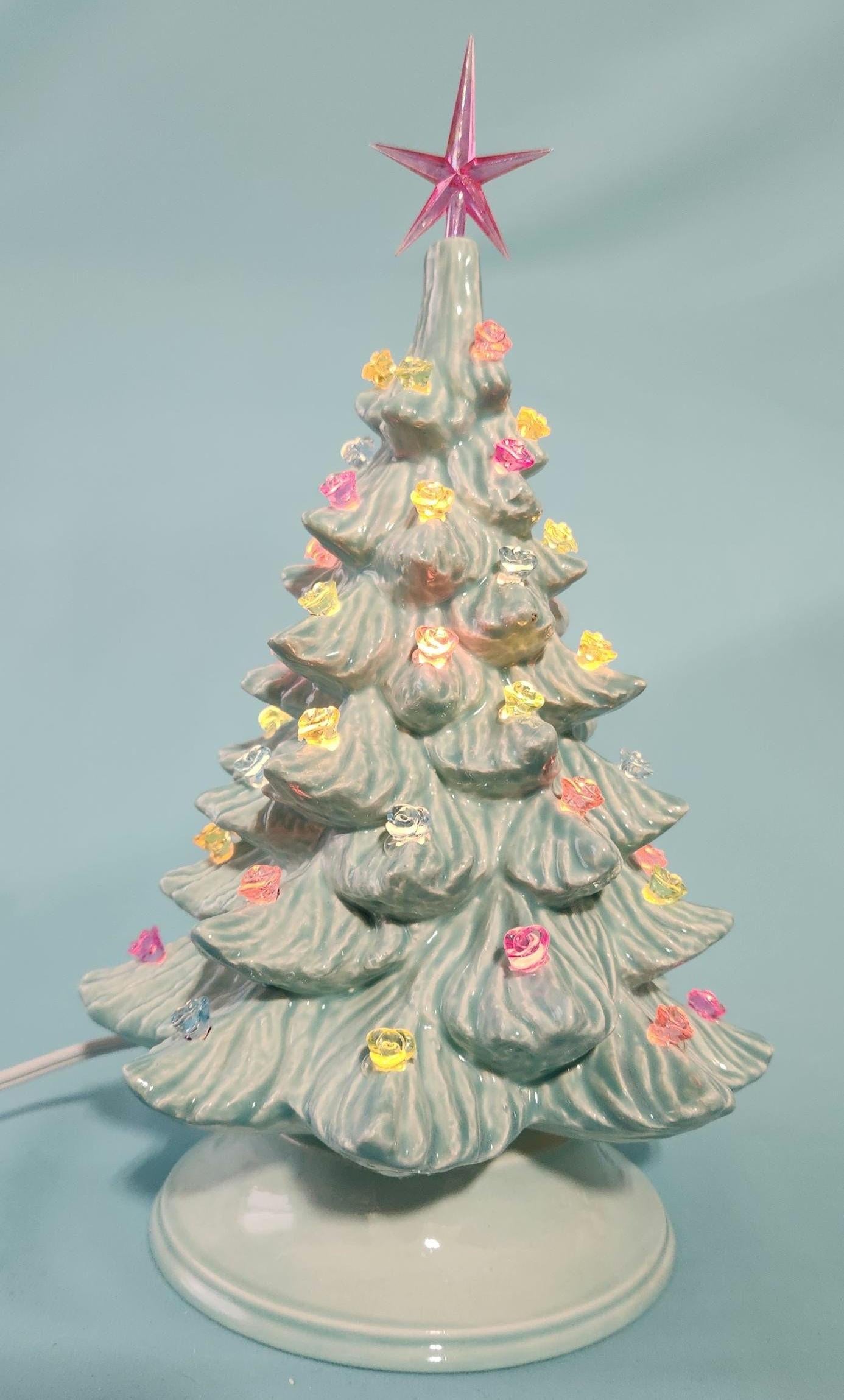 Wispy Pine Ceramic Christmas Tree - Sea-Glass Color with Clear Lights for Holiday Mantel Decor