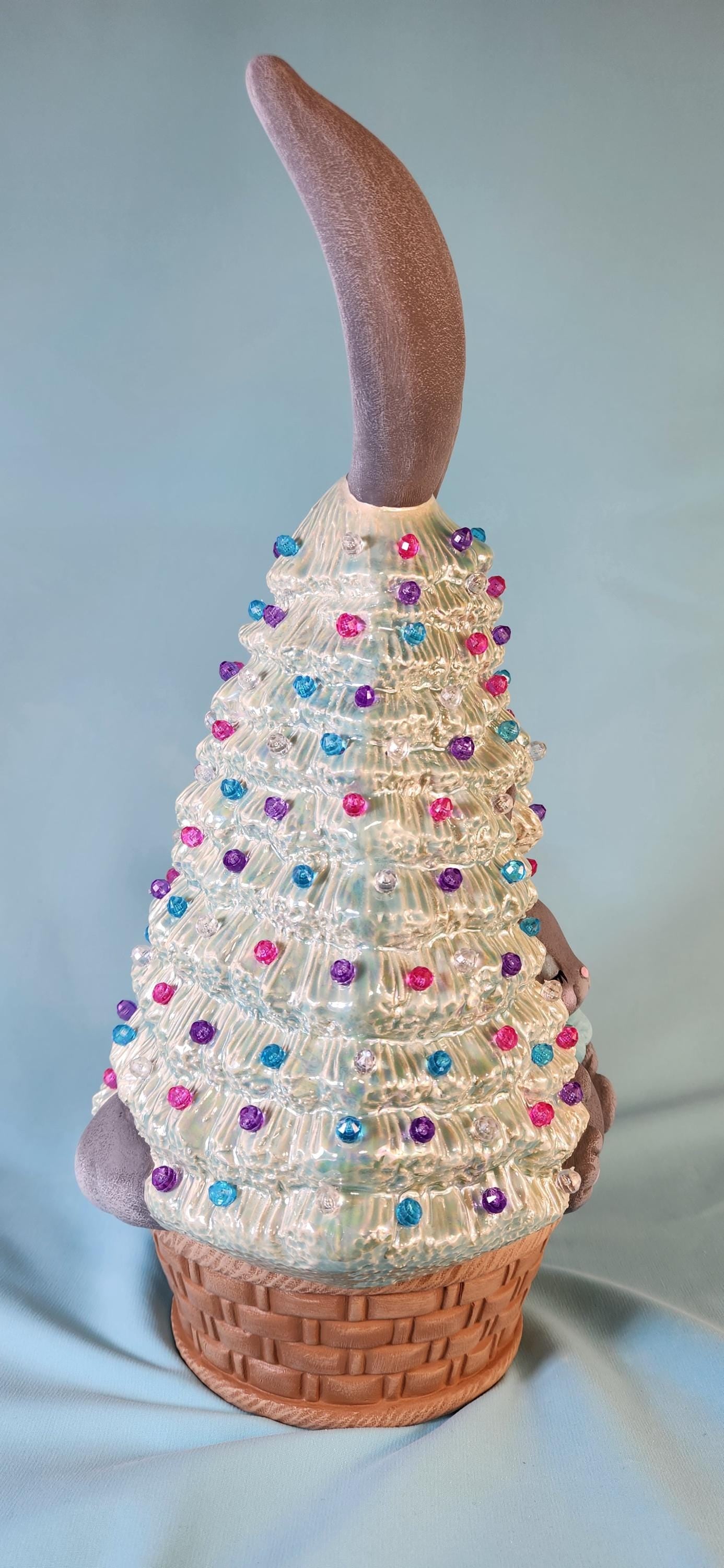 Illuminated Easter Bunny Ceramic Tree: Mother of Pearl Pastel Accent Piece with Basket Base & LED Lights