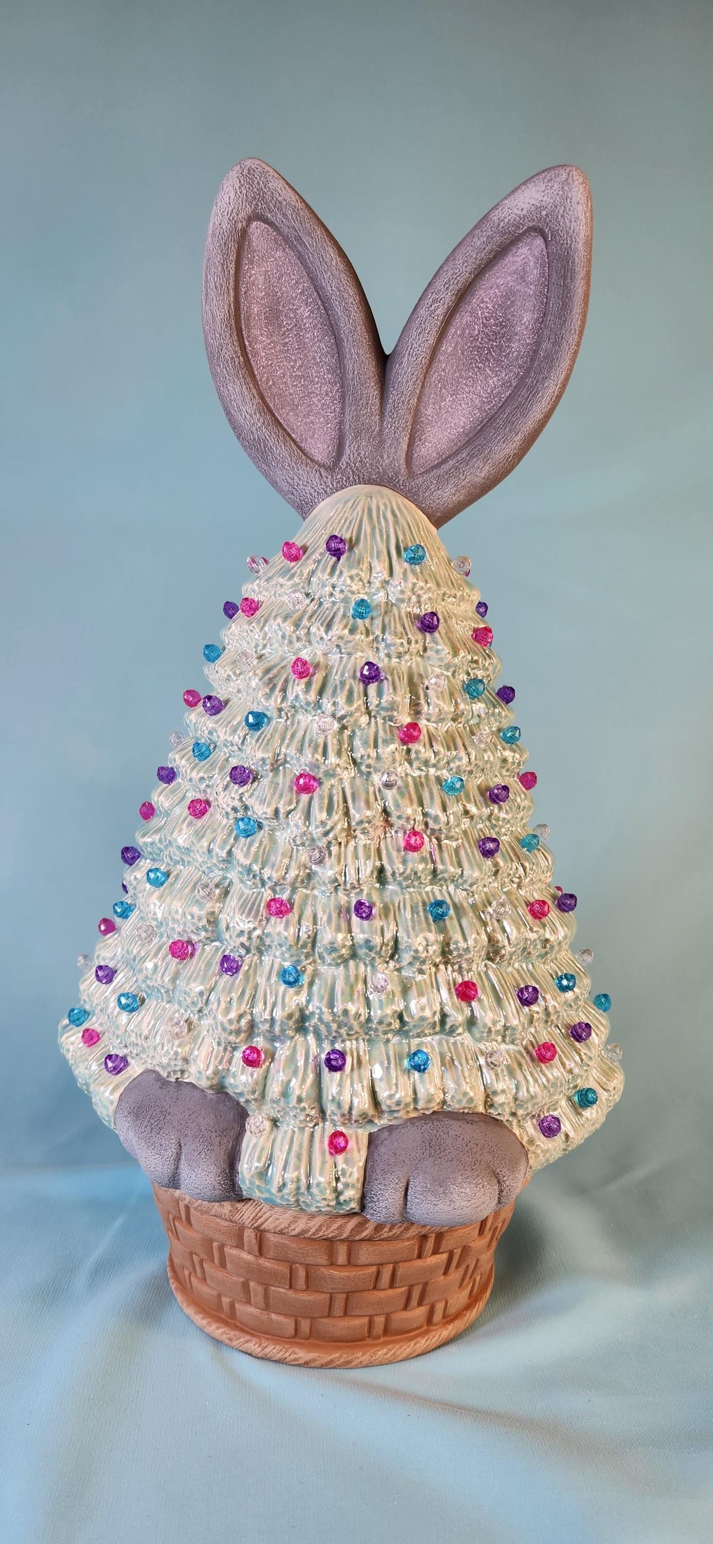 Illuminated Easter Bunny Ceramic Tree: Mother of Pearl Pastel Accent Piece with Basket Base & LED Lights