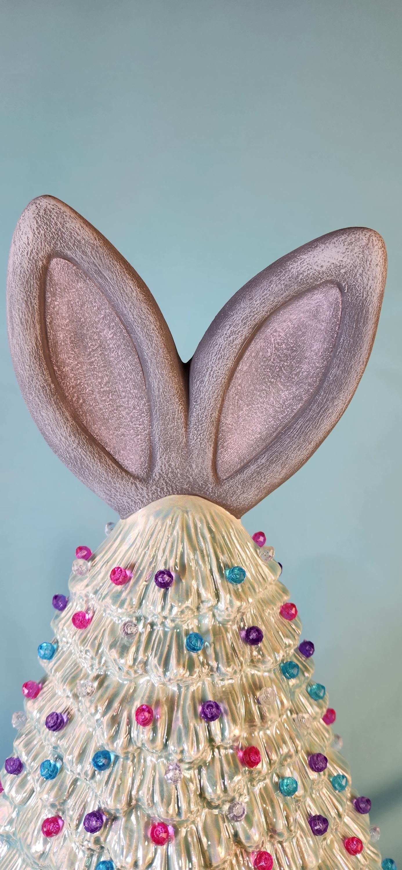 Illuminated Easter Bunny Ceramic Tree: Mother of Pearl Pastel Accent Piece with Basket Base & LED Lights