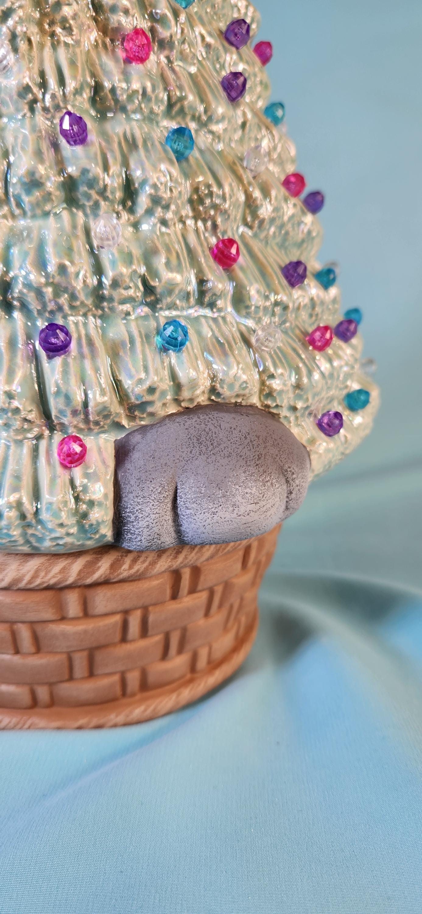 Illuminated Easter Bunny Ceramic Tree: Mother of Pearl Pastel Accent Piece with Basket Base & LED Lights