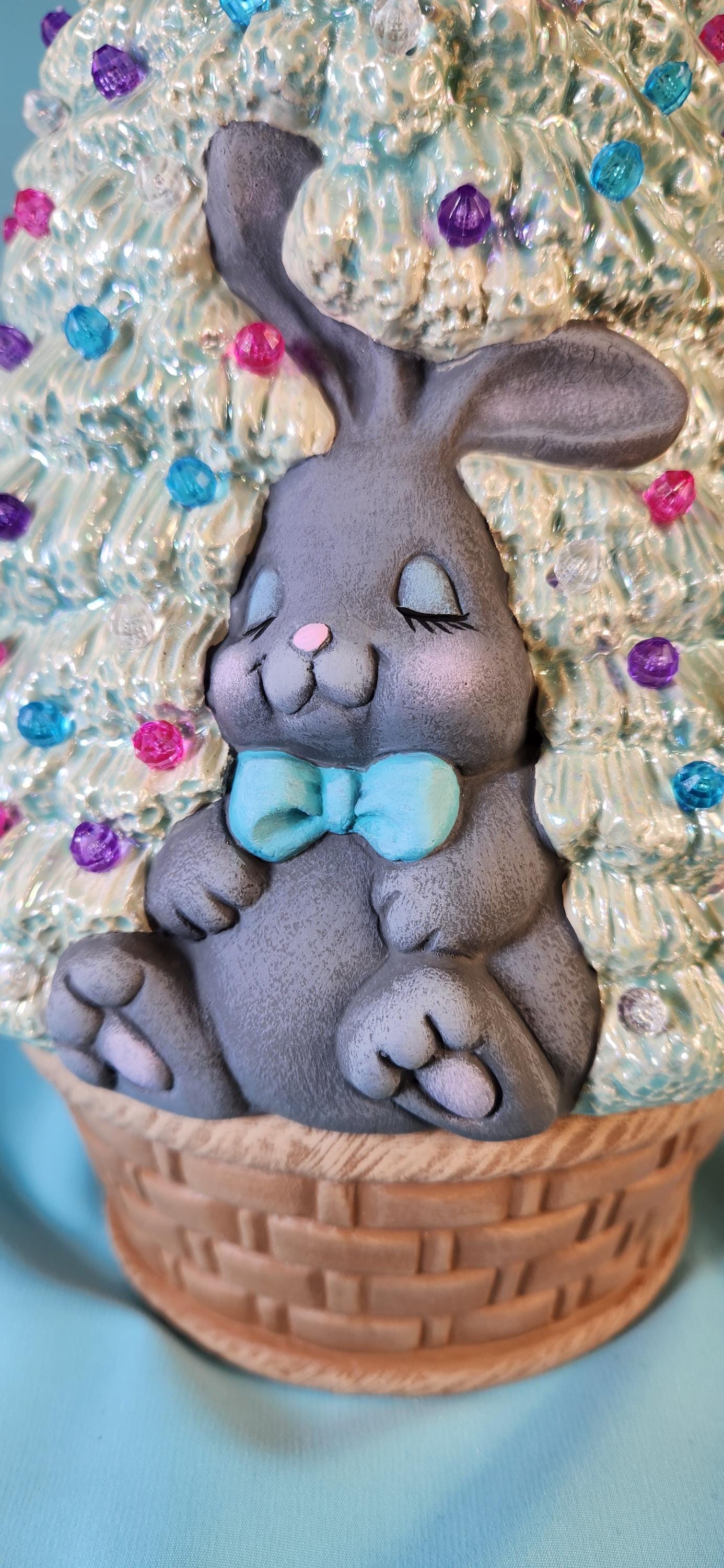 Illuminated Easter Bunny Ceramic Tree: Mother of Pearl Pastel Accent Piece with Basket Base & LED Lights - Teresa's Ceramics