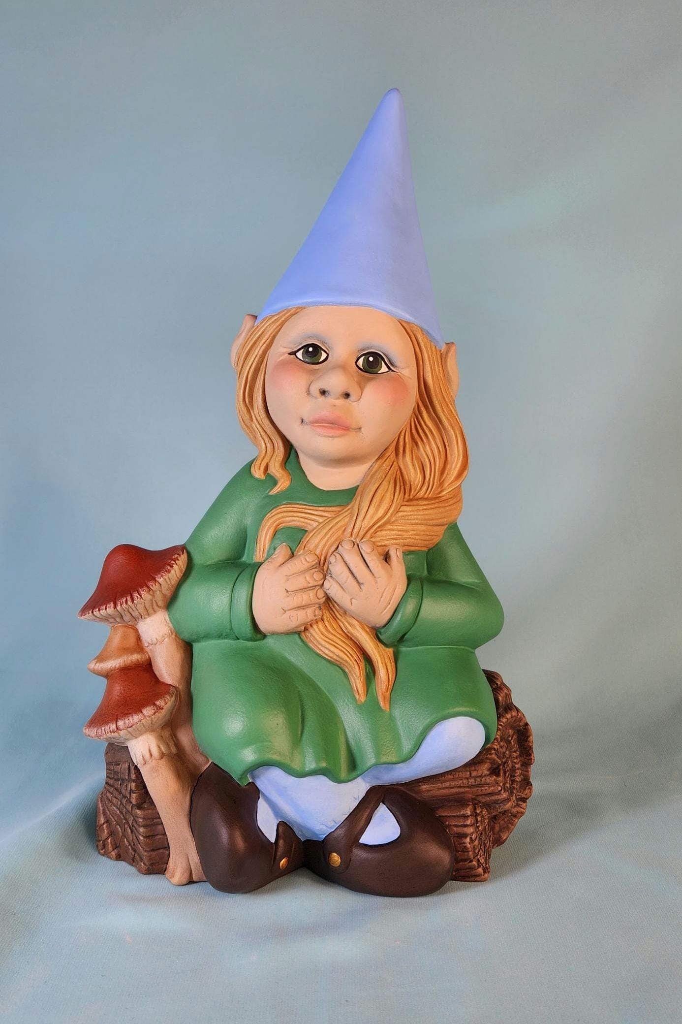 Whimsical Girl Garden Gnome: Handcrafted Yard Art with Braided Hair, Mushrooms & Fairy Door - Teresa's Ceramics