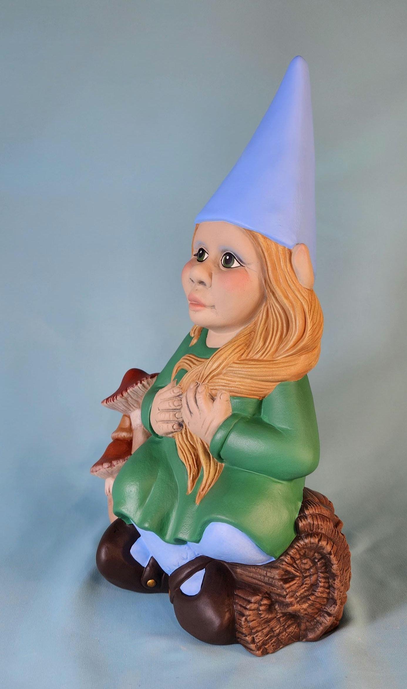 Whimsical Girl Garden Gnome: Handcrafted Yard Art with Braided Hair, Mushrooms & Fairy Door - Teresa's Ceramics