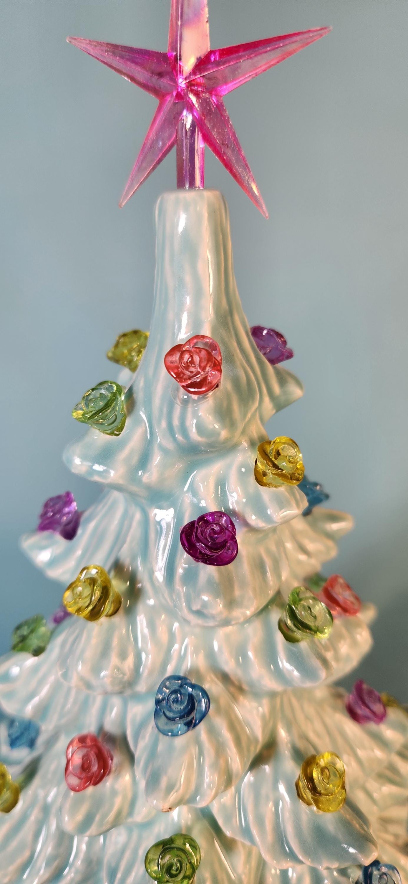 Wispy Pine Ceramic Christmas Tree - Sea-Glass Color with Clear Lights for Holiday Mantel Decor