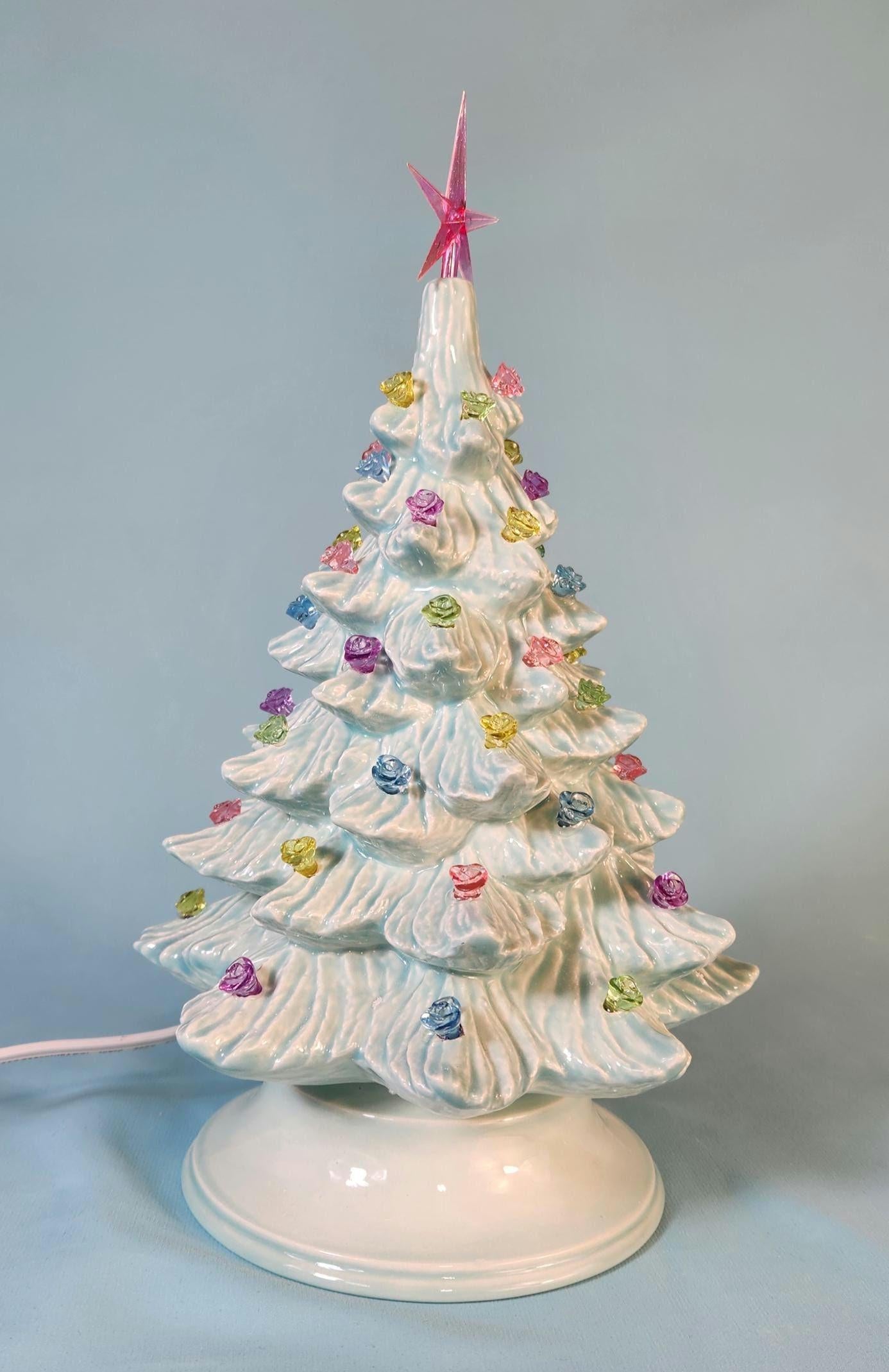 Wispy Pine Ceramic Christmas Tree - Sea-Glass Color with Clear Lights for Holiday Mantel Decor