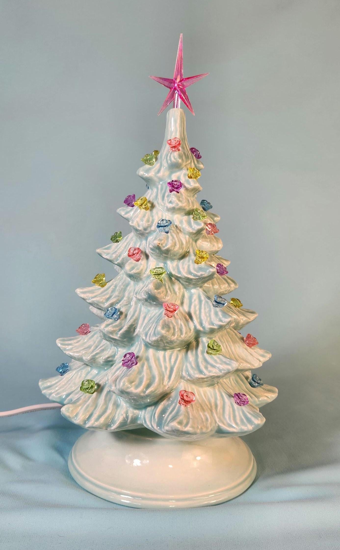 Wispy Pine Ceramic Christmas Tree - Sea-Glass Color with Clear Lights for Holiday Mantel Decor
