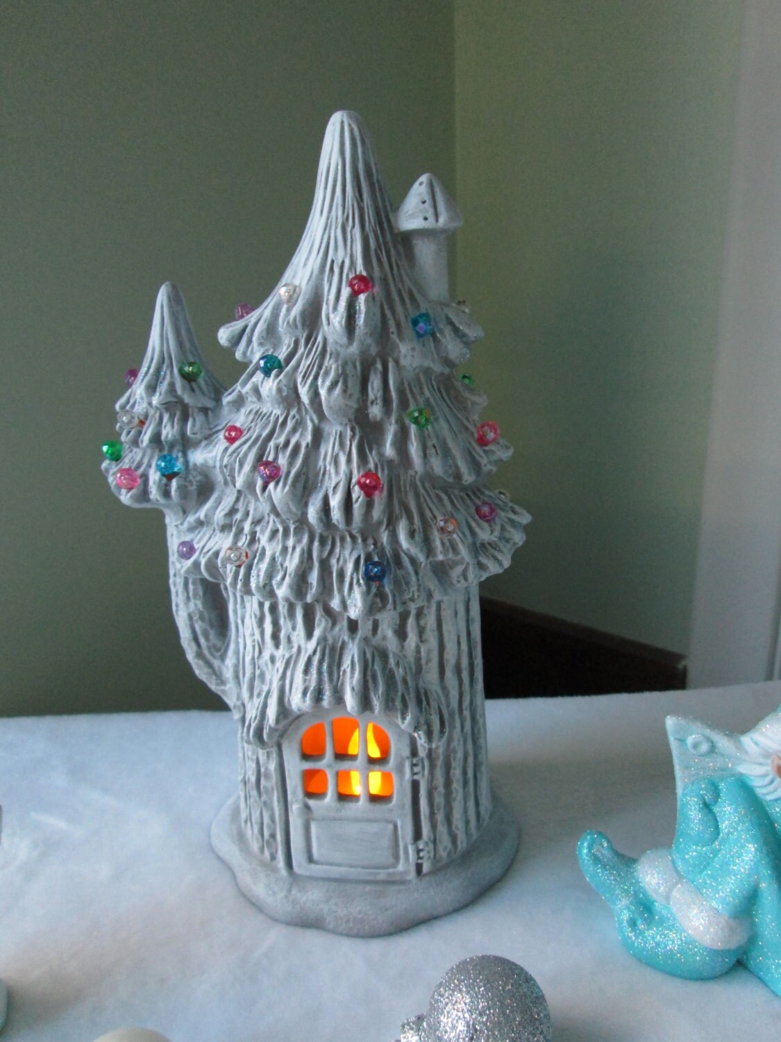 Enchanting Ceramic Fairy Garden House: Lighted Winter Cottage for Miniature Village & Christmas Decor