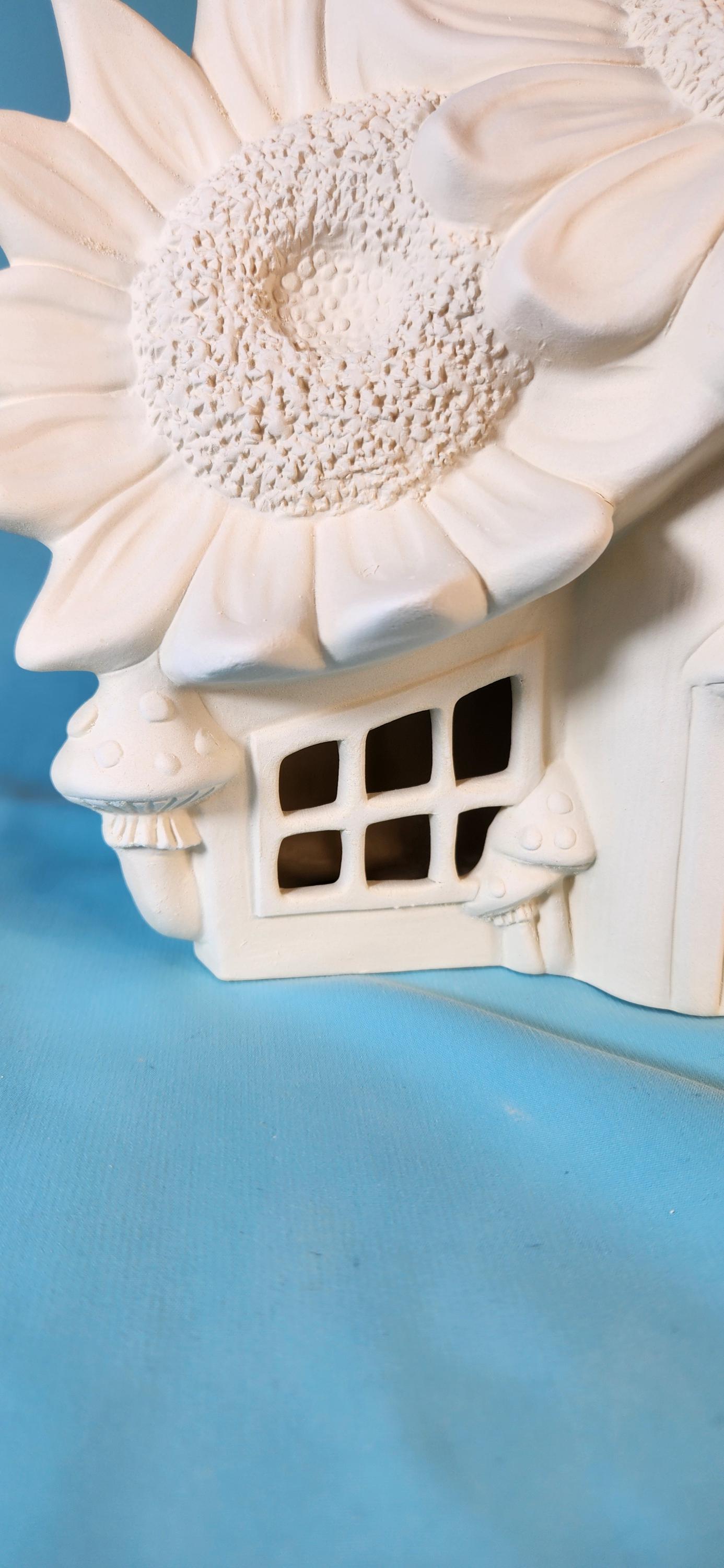 Unpainted Ceramic Sunflower Mushroom Fairy House - Handmade Garden Miniature Bisque Gift for Outdoor Decor