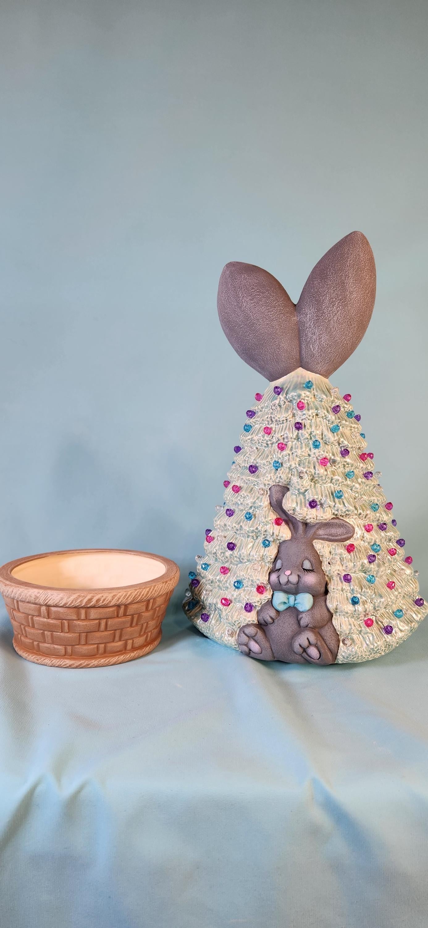 Illuminated Easter Bunny Ceramic Tree: Mother of Pearl Pastel Accent Piece with Basket Base & LED Lights