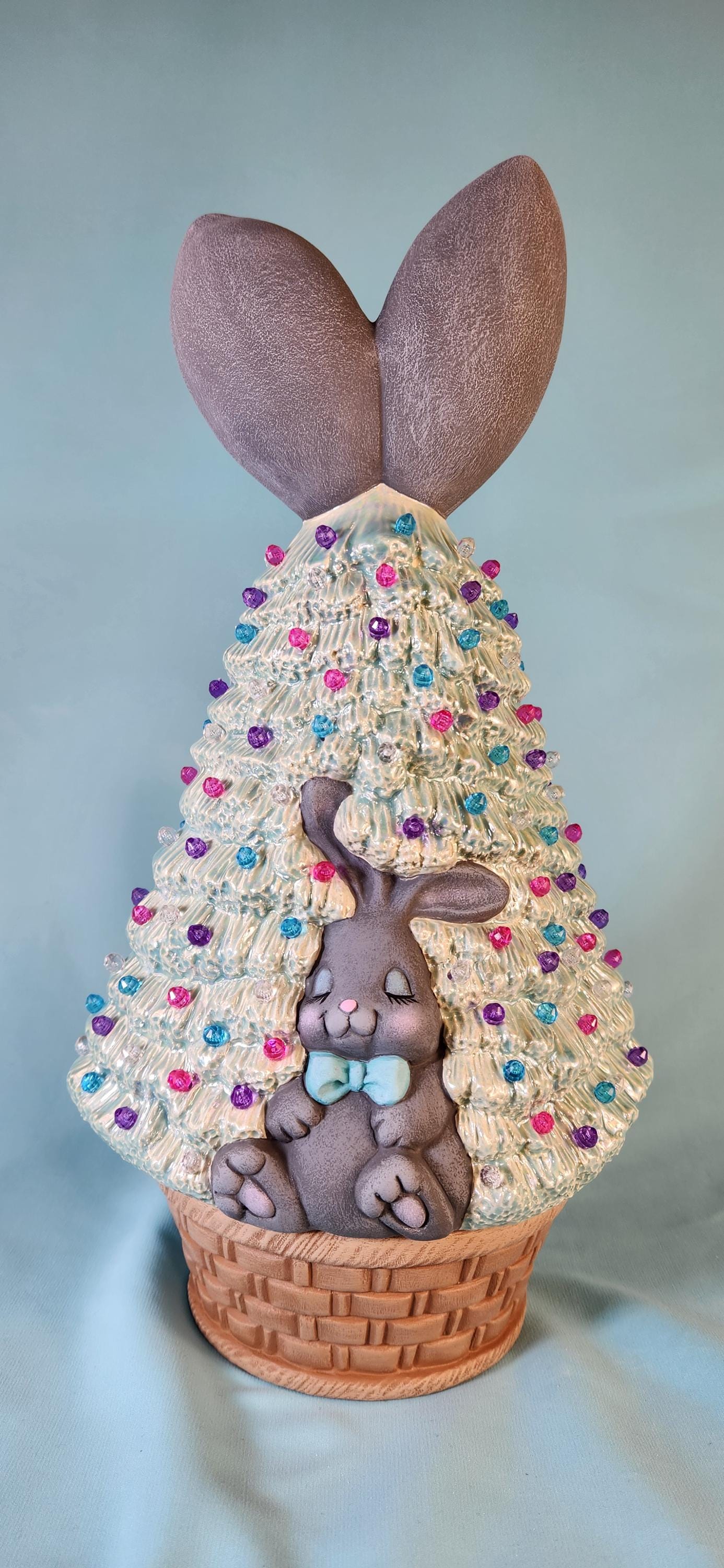 Illuminated Easter Bunny Ceramic Tree: Mother of Pearl Pastel Accent Piece with Basket Base & LED Lights