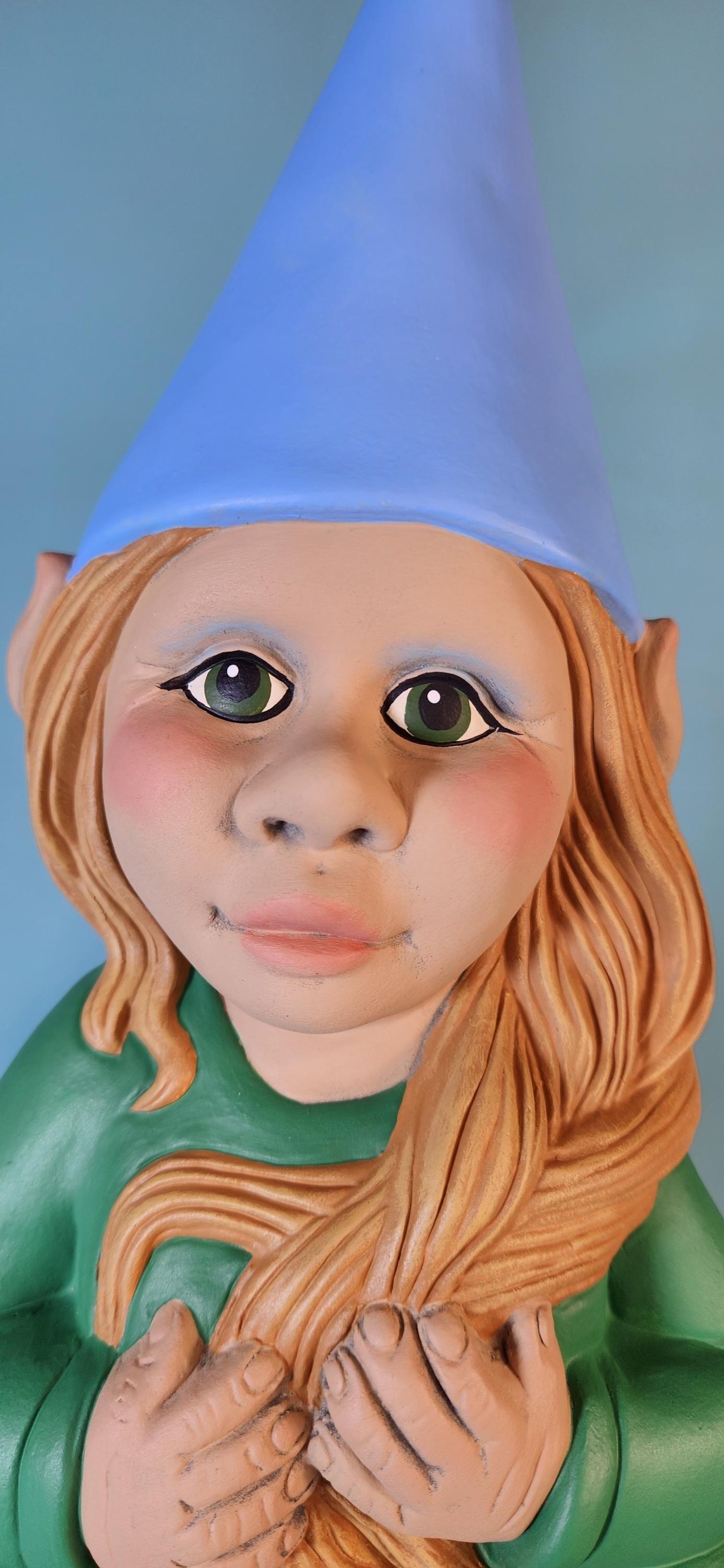 Whimsical Girl Garden Gnome: Handcrafted Yard Art with Braided Hair, Mushrooms & Fairy Door - Teresa's Ceramics