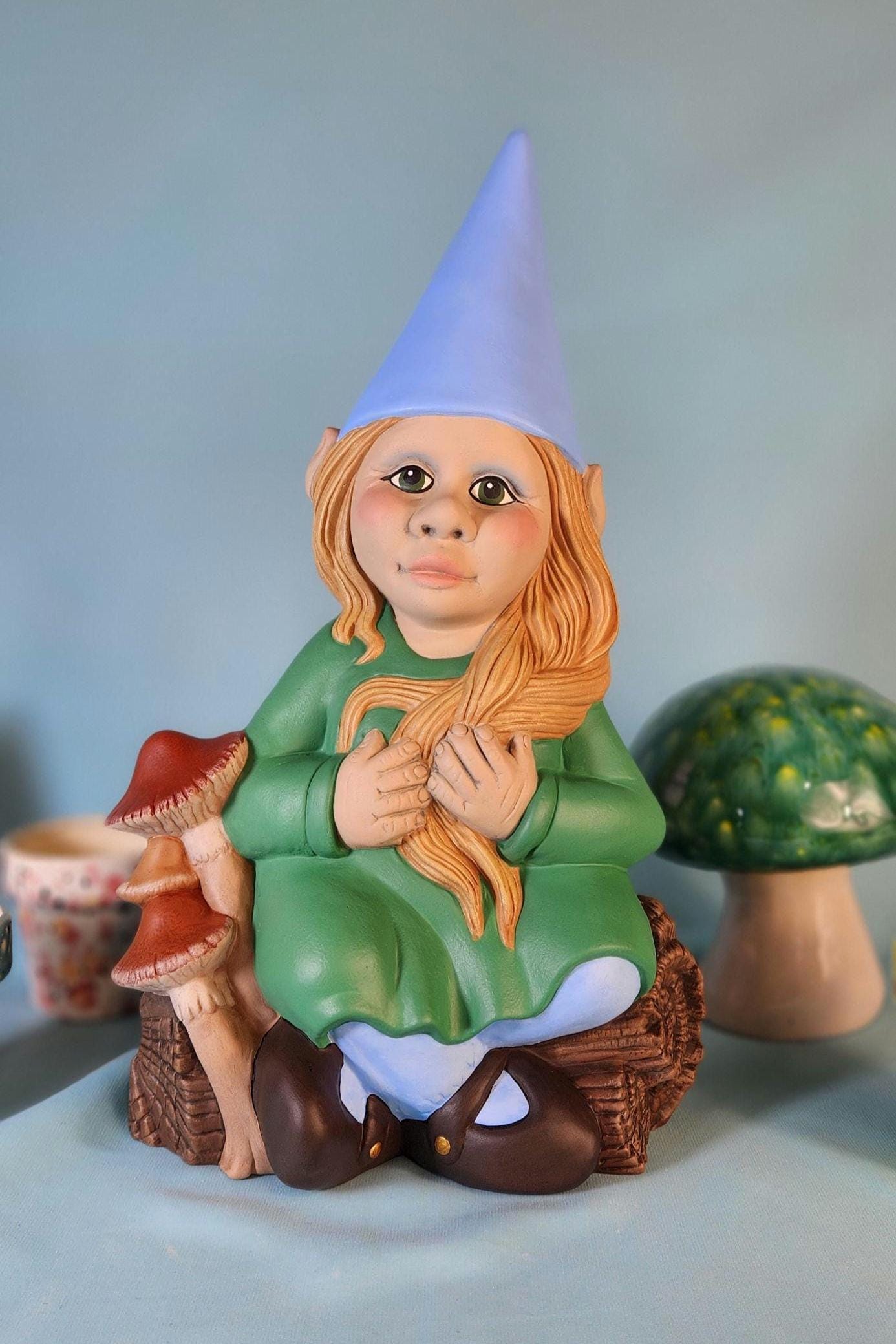 Whimsical Girl Garden Gnome: Handcrafted Yard Art with Braided Hair, Mushrooms & Fairy Door - Teresa's Ceramics