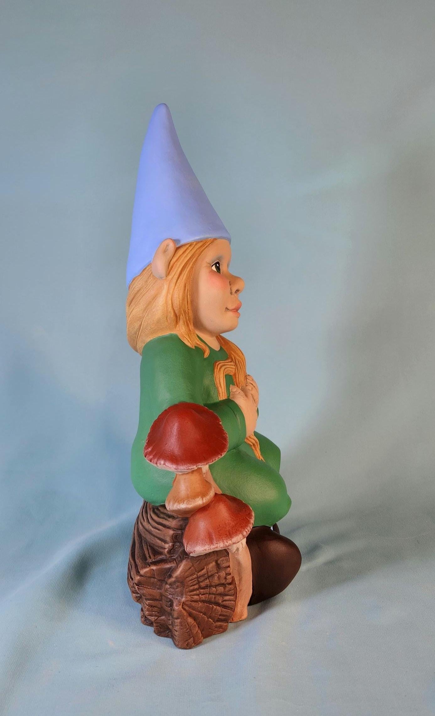 Whimsical Girl Garden Gnome: Handcrafted Yard Art with Braided Hair, Mushrooms & Fairy Door - Teresa's Ceramics