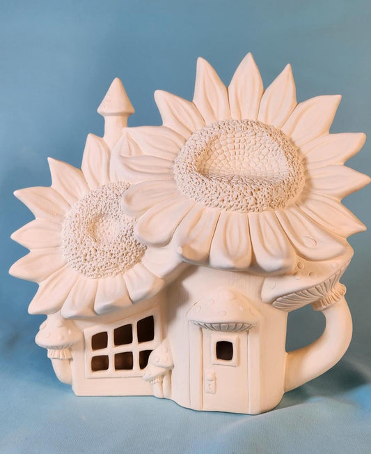 Unpainted Ceramic Sunflower Mushroom Fairy House - Handmade Garden Miniature Bisque Gift for Outdoor Decor