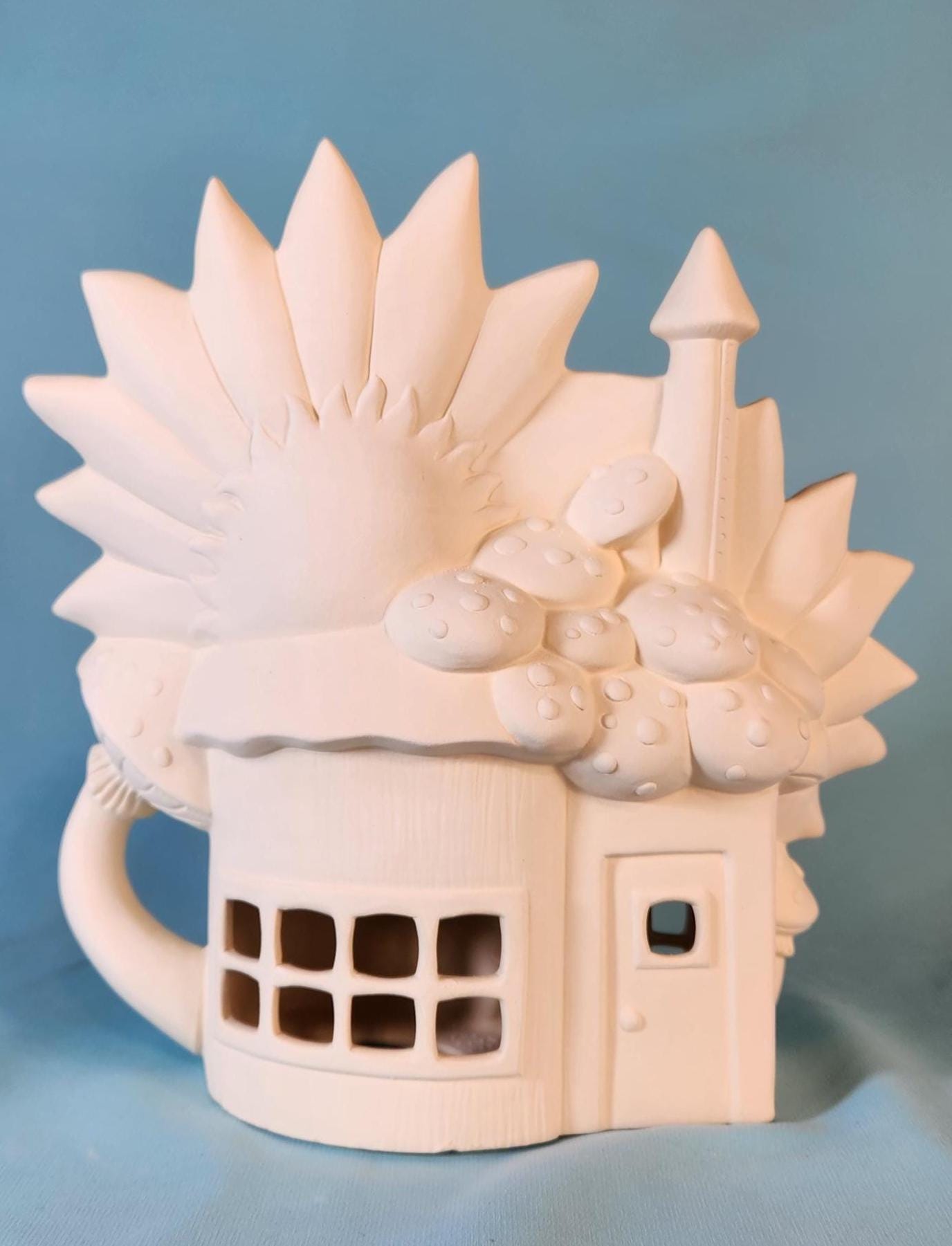 Unpainted Ceramic Sunflower Mushroom Fairy House - Handmade Garden Miniature Bisque Gift for Outdoor Decor