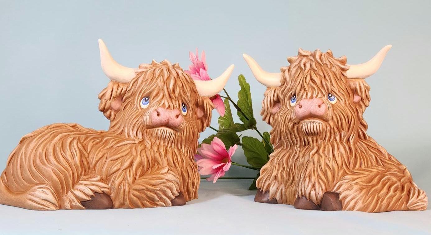 Charming Handmade Ceramic Highland Cow Figurines: Rustic Farm Animal Decor for Home or Office - Teresa's Ceramics