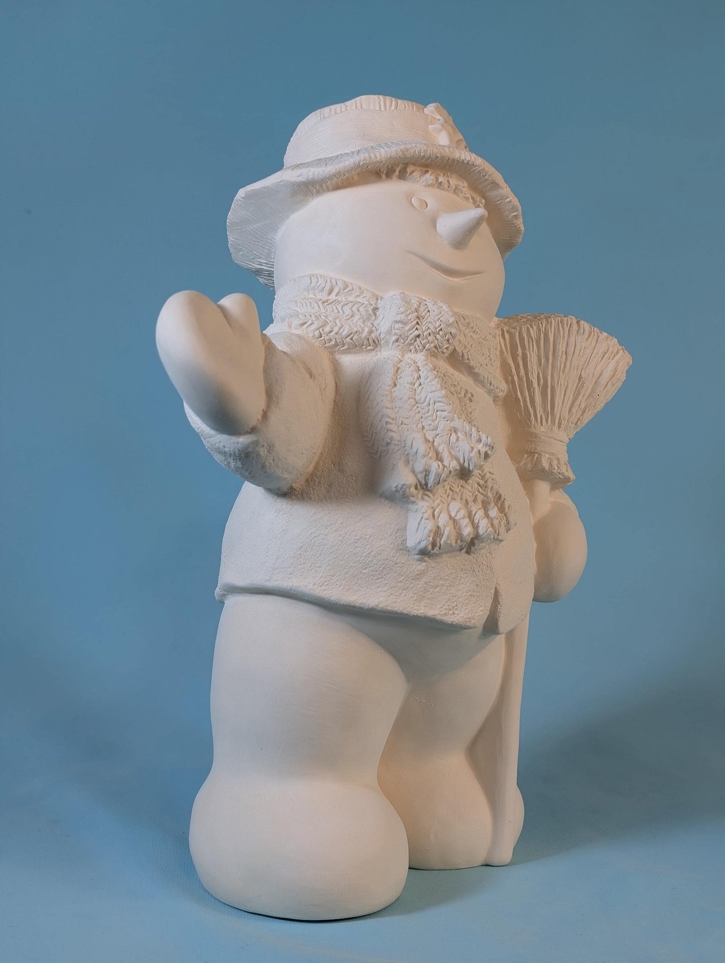 Charming Unfinished Snowman Figurine with Broom - Intricate Winter Decor Craft Project