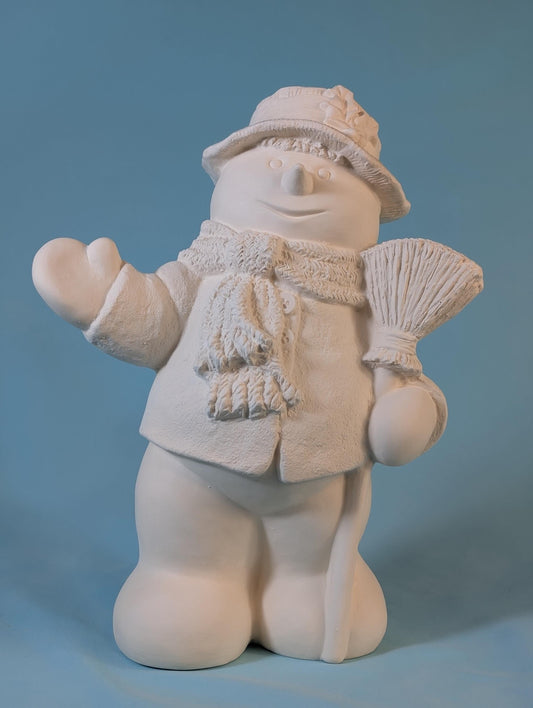 Charming Unfinished Snowman Figurine with Broom - Intricate Winter Decor Craft Project