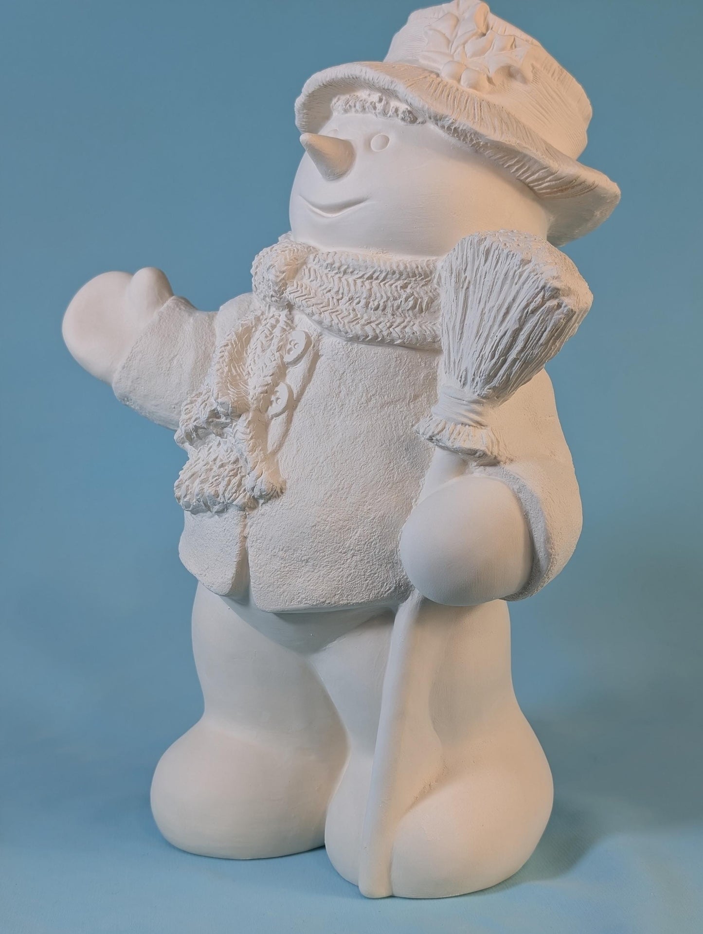 Charming Unfinished Snowman Figurine with Broom - Intricate Winter Decor Craft Project