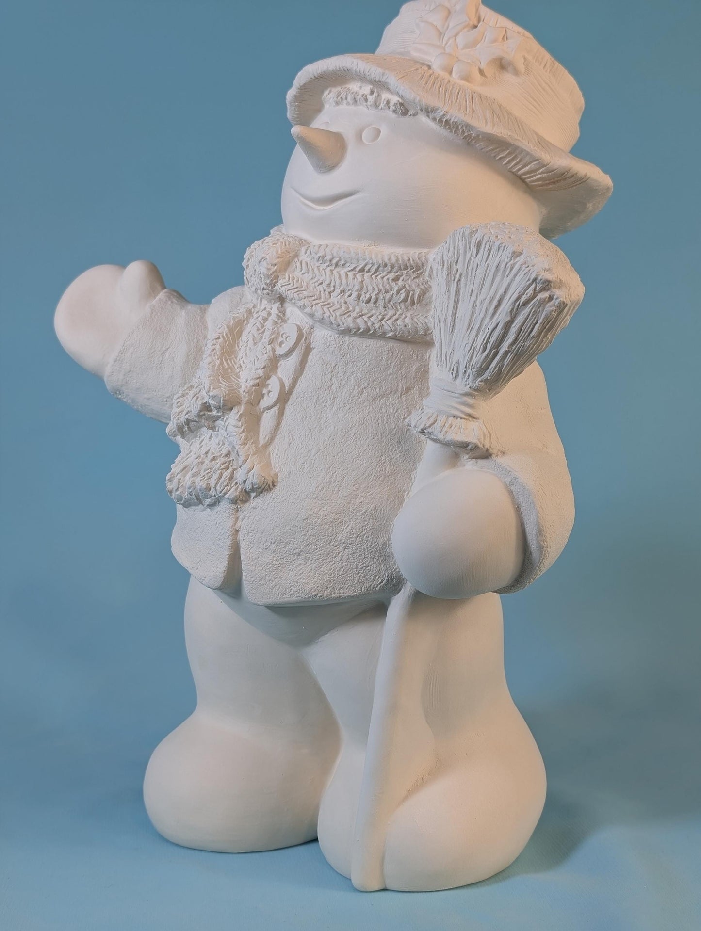 Charming Unfinished Snowman Figurine with Broom - Intricate Winter Decor Craft Project