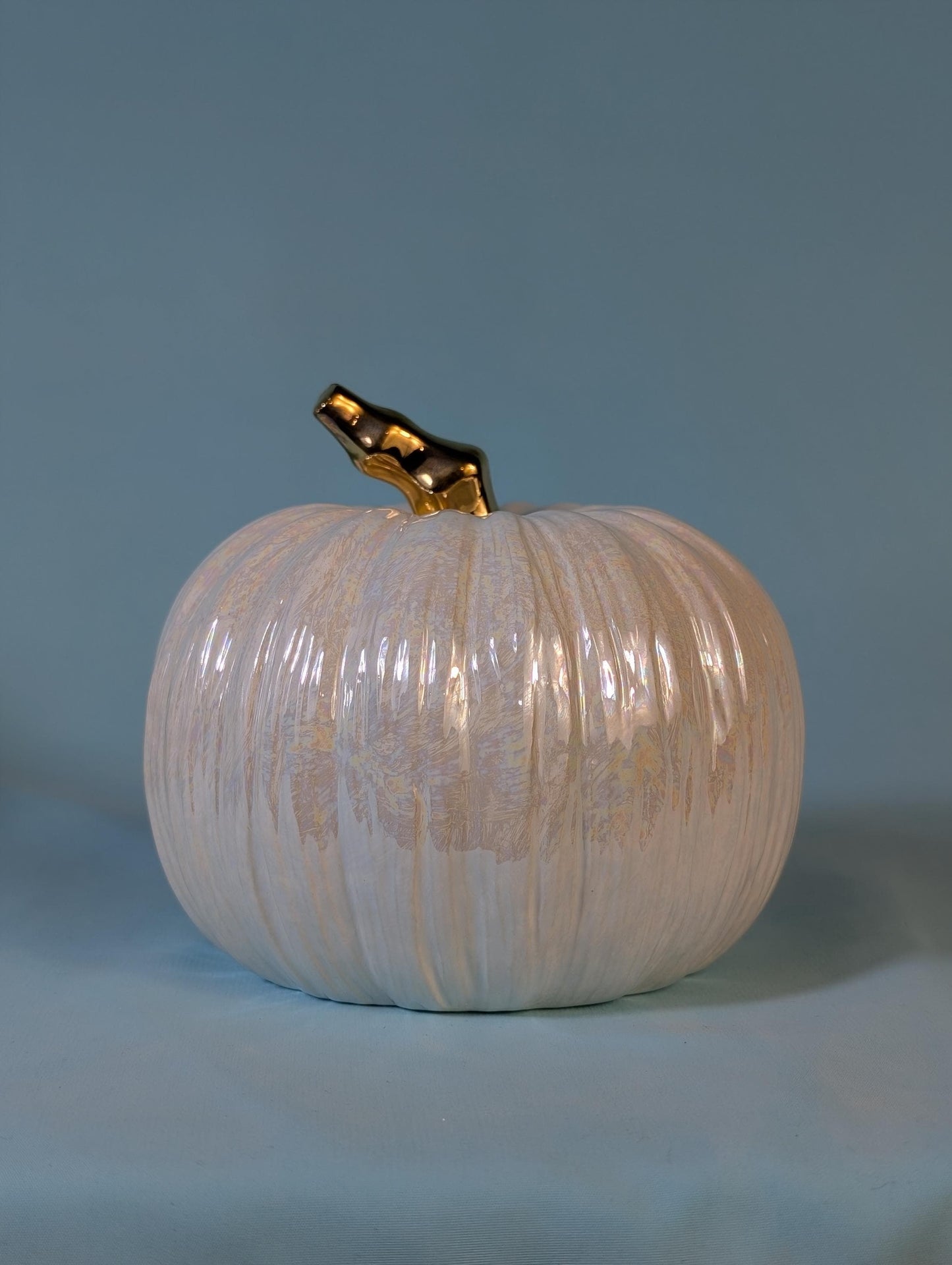Iridescent Ceramic Pumpkins: Gilded Mother-of-Pearl Glazed Autumn Decor
