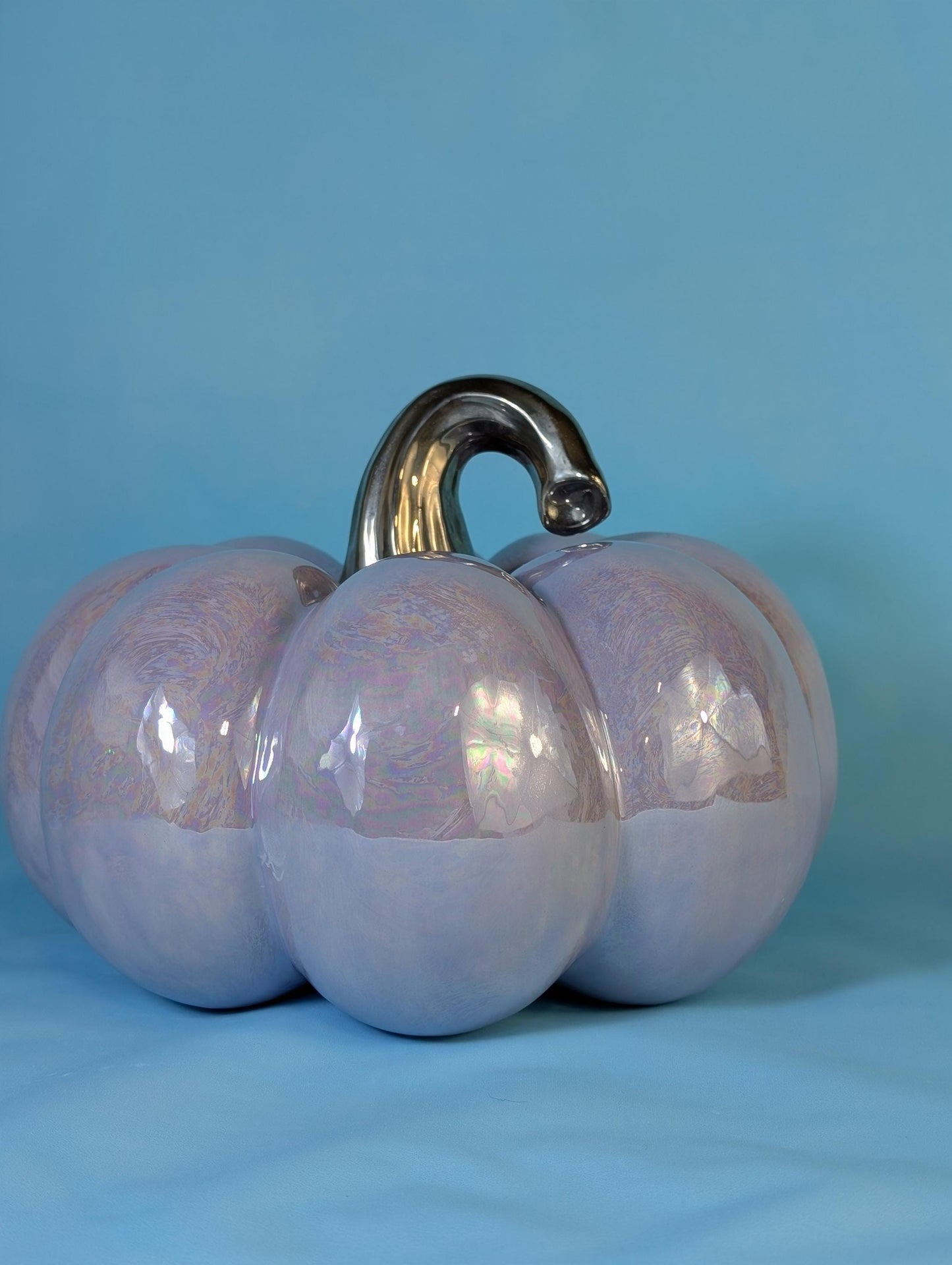 Elegant Light Purple Mother of Pearl Silver Stemmed Pumpkin - Unique Halloween Decor & Gift