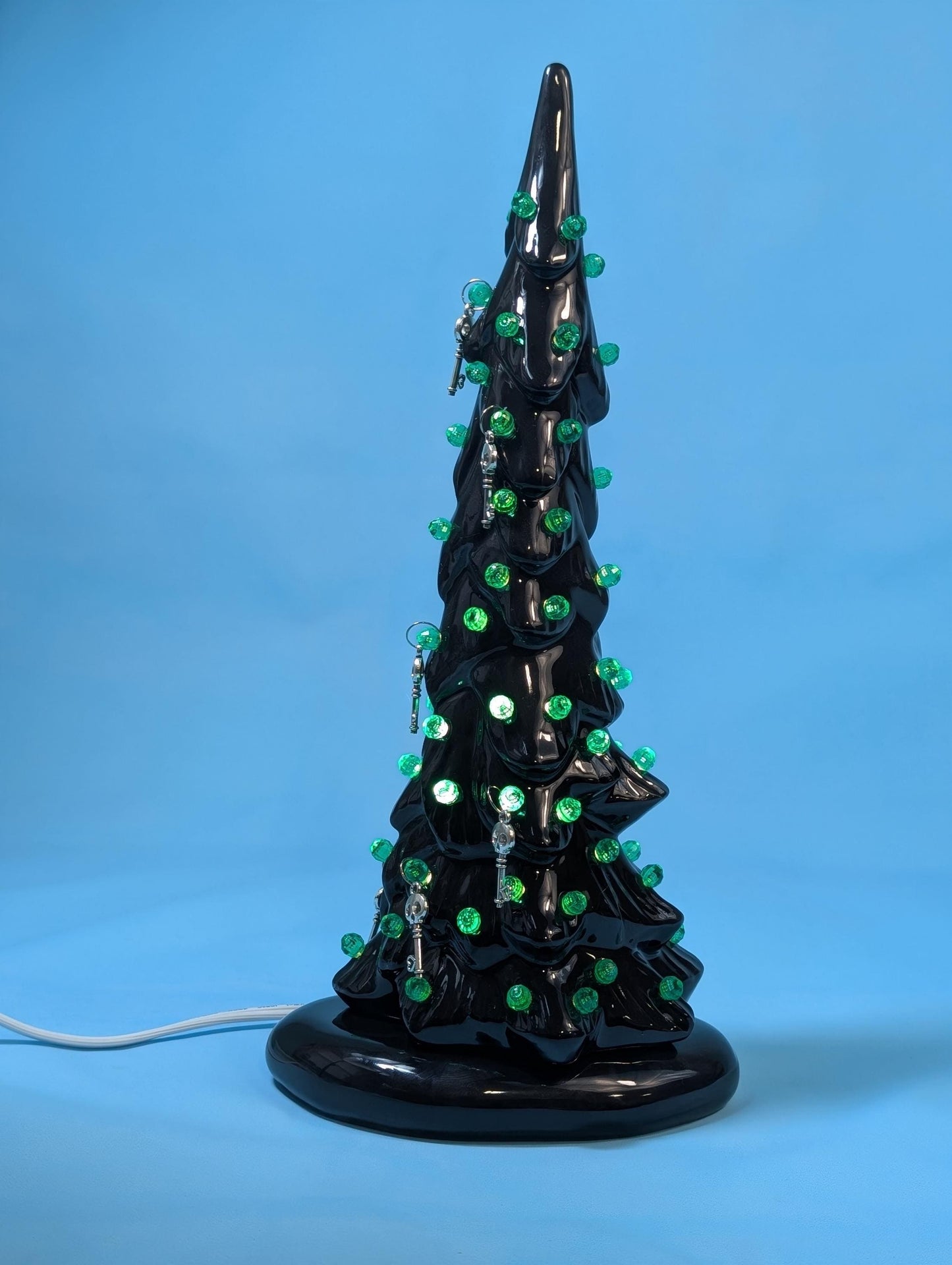 Spooky Black Skeleton Key Halloween Tree with Eerie Green Illumination - Gothic Ceramic Decor