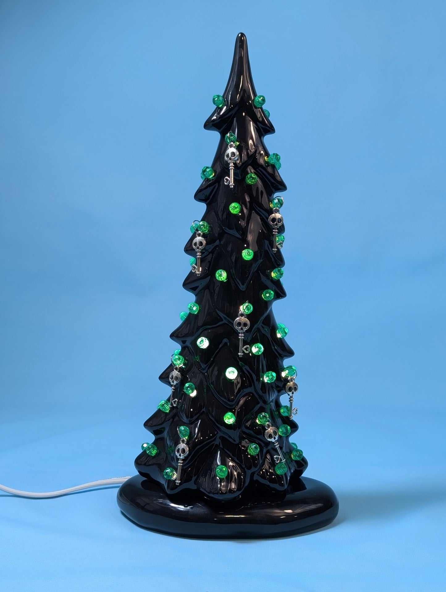 Spooky Black Skeleton Key Halloween Tree with Eerie Green Illumination - Gothic Ceramic Decor